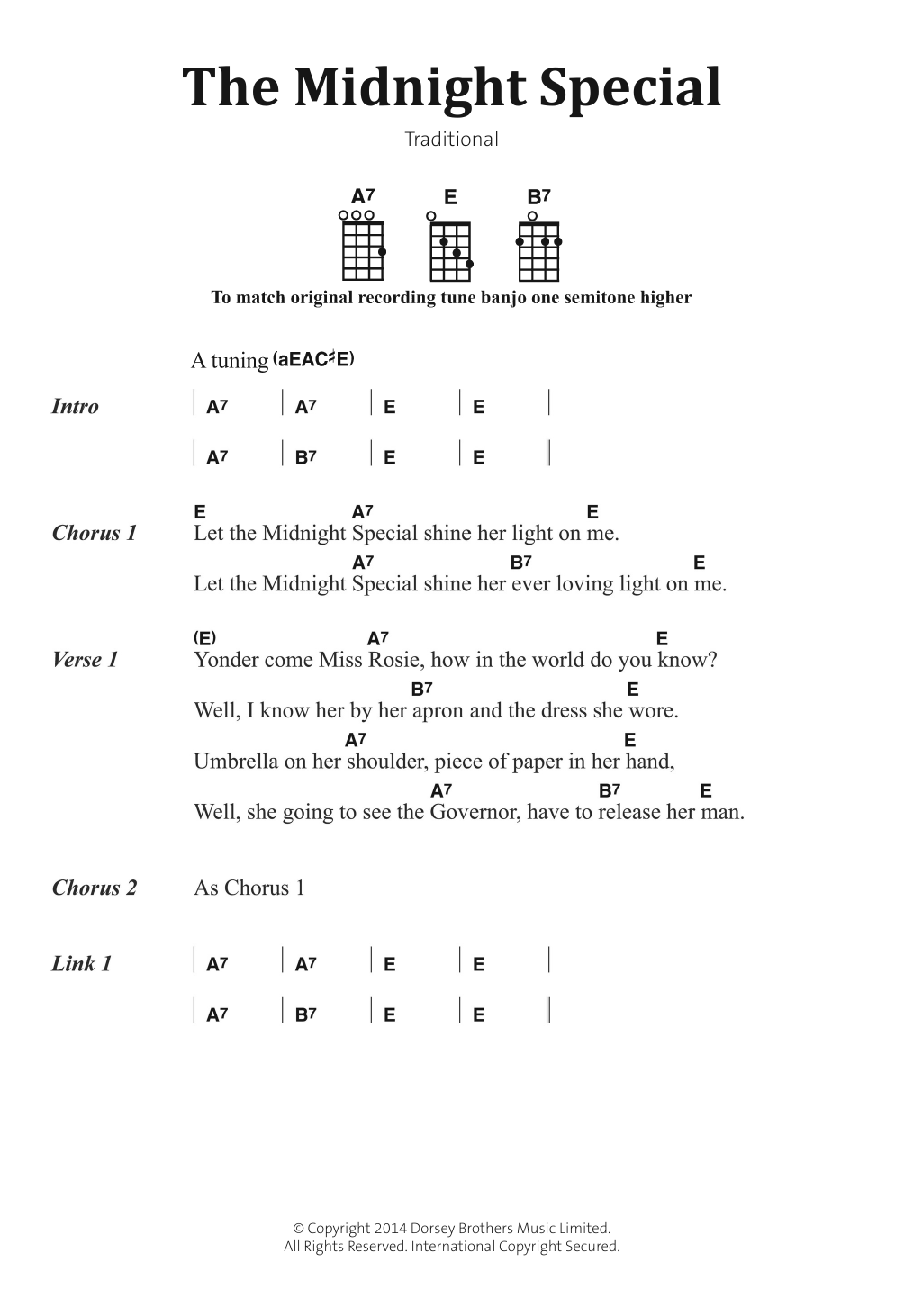 Download Traditional American Folksong The Midnight Special Sheet Music and learn how to play Banjo Lyrics & Chords PDF digital score in minutes