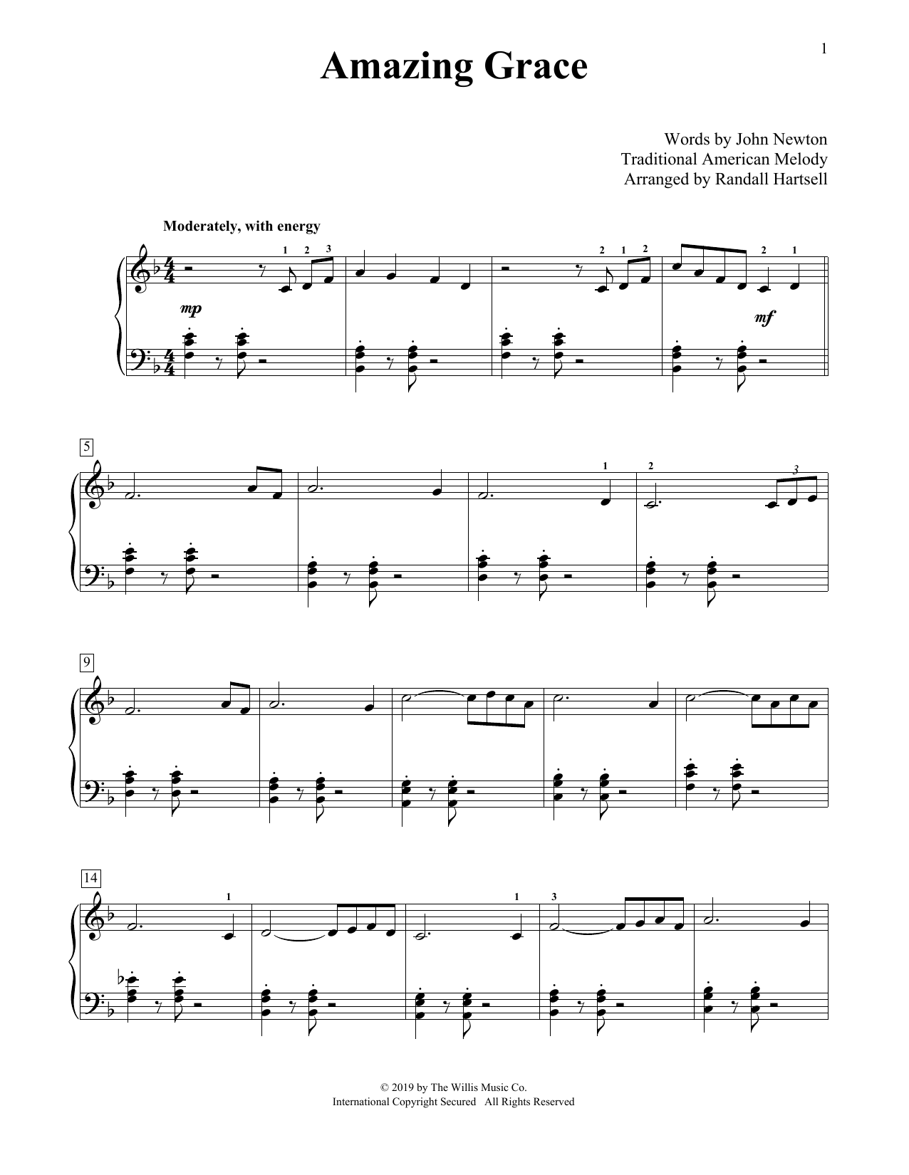 Download Traditional American Melody Amazing Grace (arr. Randall Hartsell) Sheet Music and learn how to play Educational Piano PDF digital score in minutes