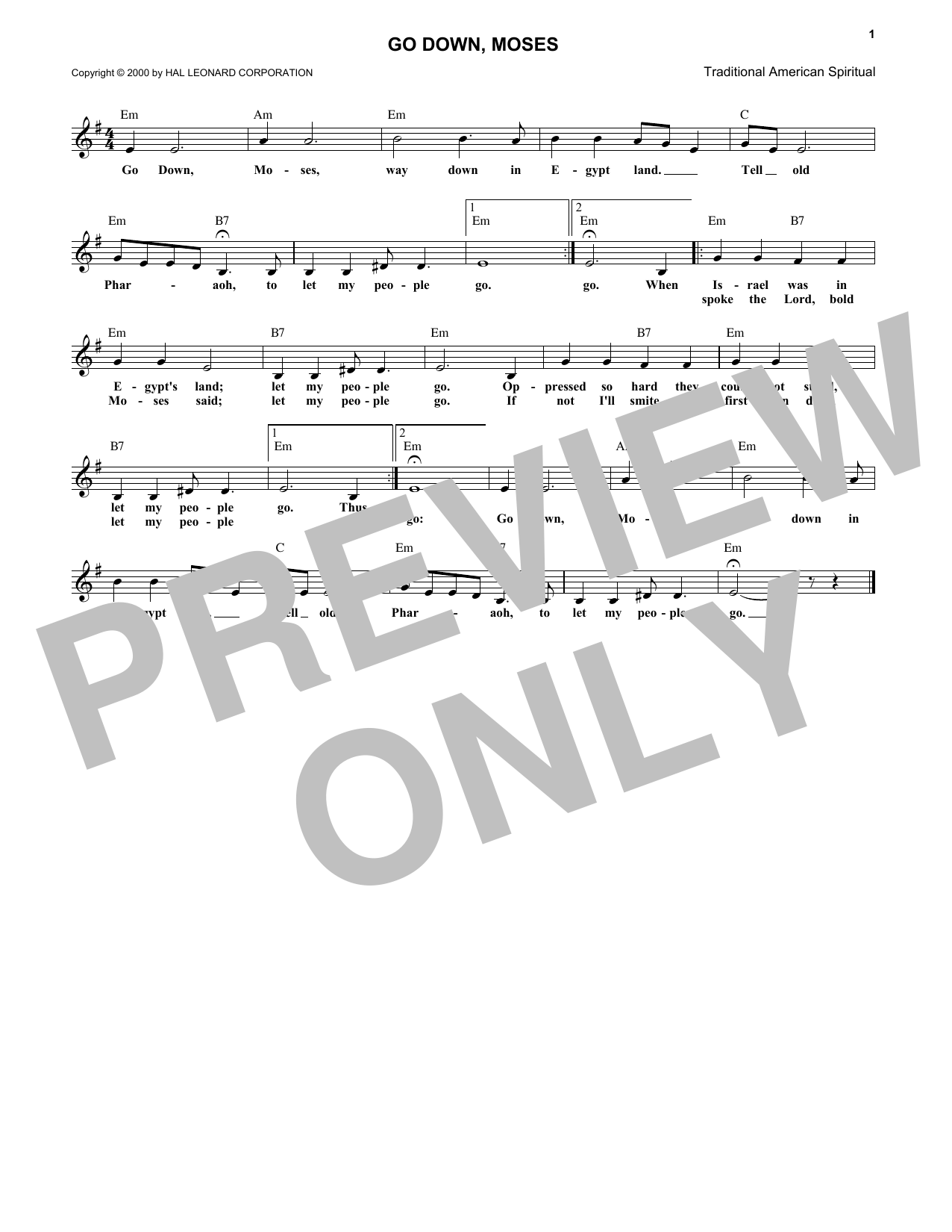Download Traditional American Spiritual Go Down, Moses Sheet Music and learn how to play Melody Line, Lyrics & Chords PDF digital score in minutes
