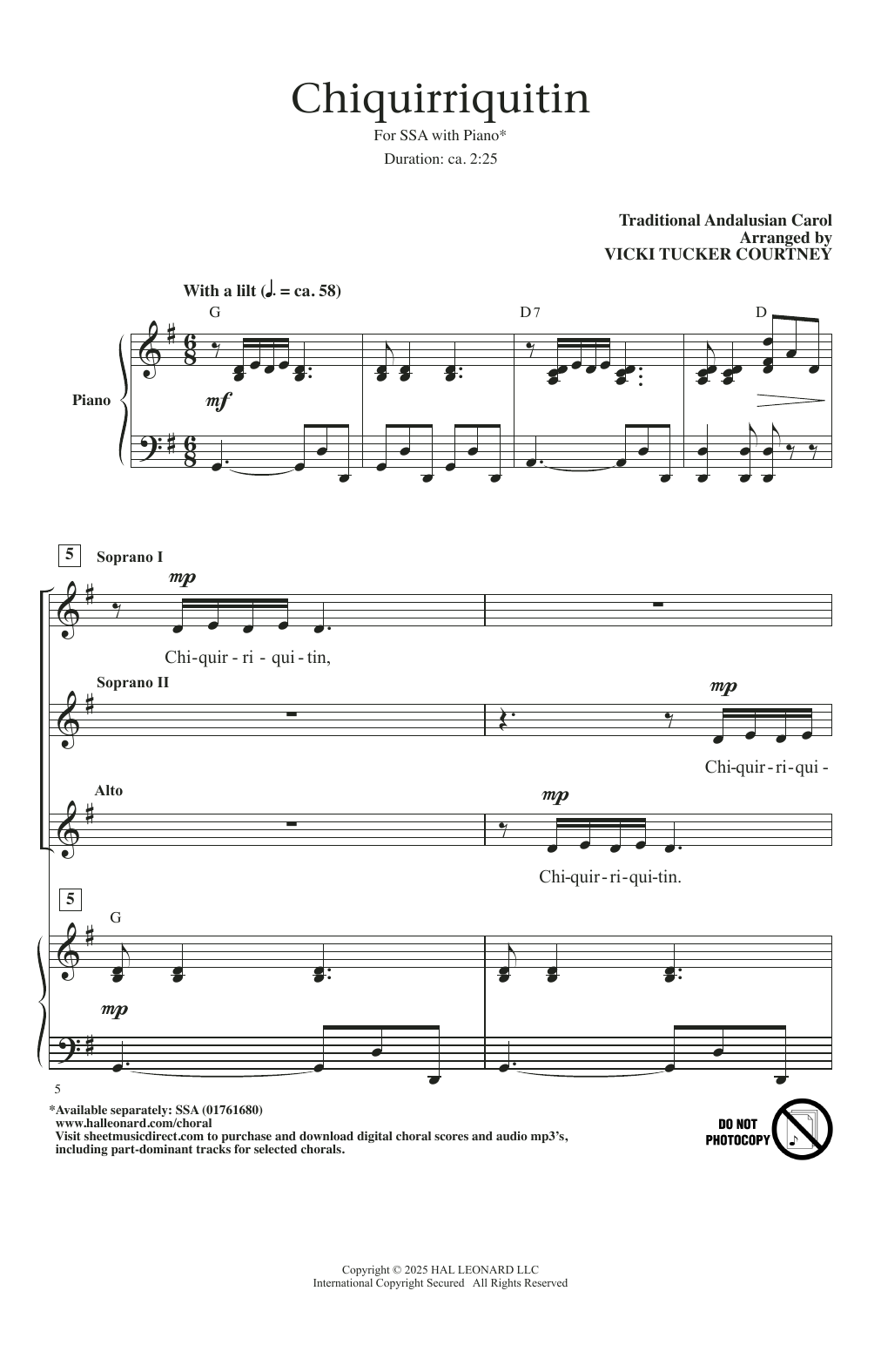 Download Traditional Andalucian Chiquirriquitin (arr. Vicki Tucker Courtney) Sheet Music and learn how to play SSA Choir PDF digital score in minutes