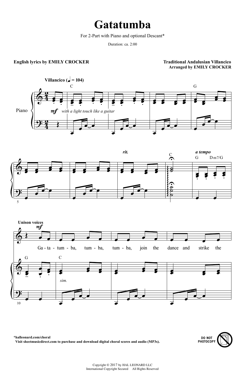 Download Traditional Andalusian Villancico Gatatumba (arr. Emily Crocker) Sheet Music and learn how to play 2-Part Choir PDF digital score in minutes