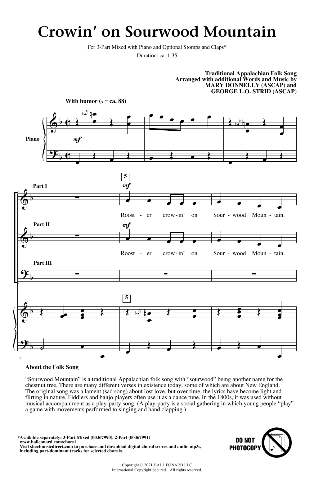 Download Traditional Appalachian Folk Song Crowin' On Sourwood Mountain (arr. Mary Donnelly and George L.O. Strid) Sheet Music and learn how to play 3-Part Mixed Choir PDF digital score in minutes