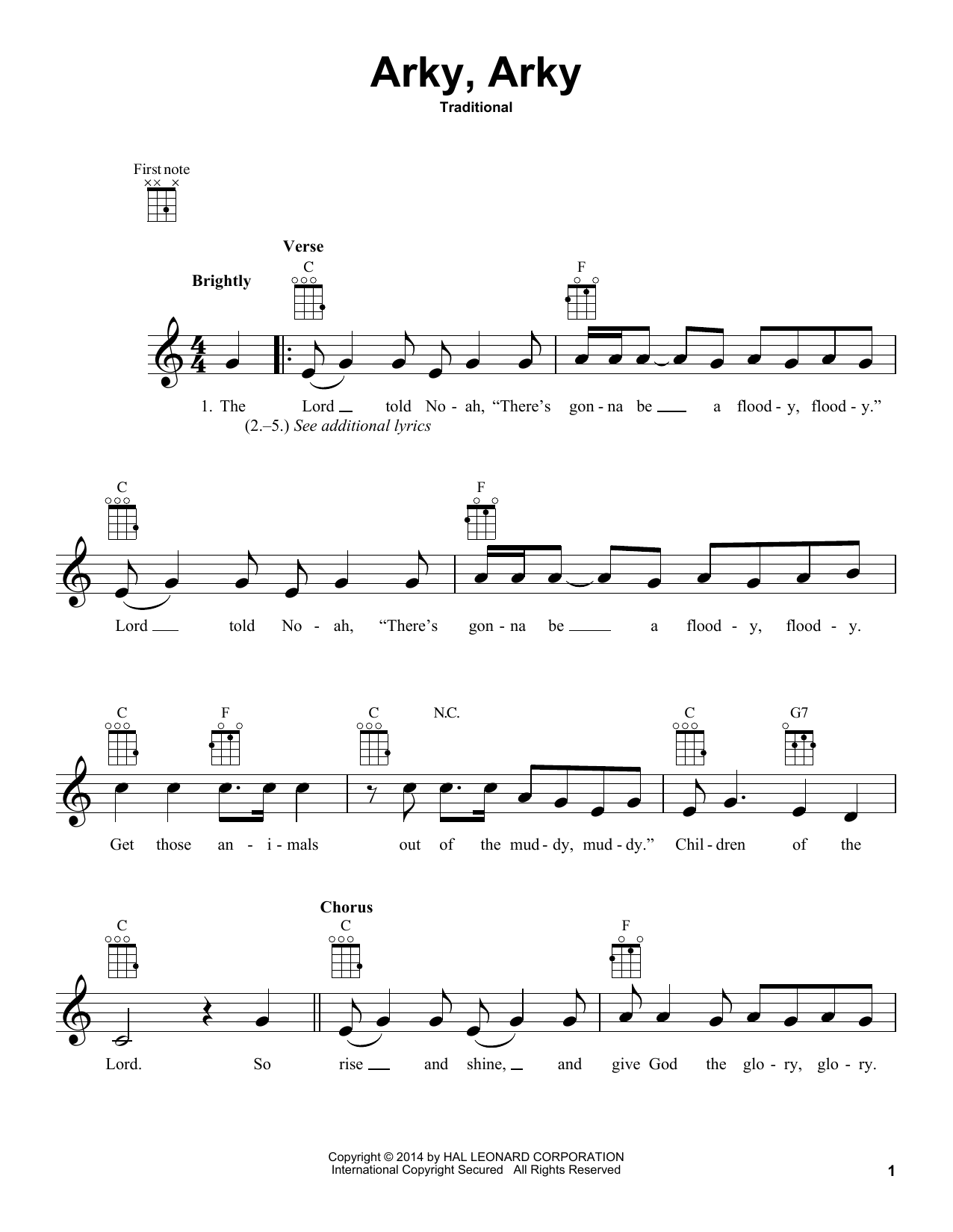 Download Traditional Arky, Arky Sheet Music and learn how to play Piano, Vocal & Guitar Chords (Right-Hand Melody) PDF digital score in minutes