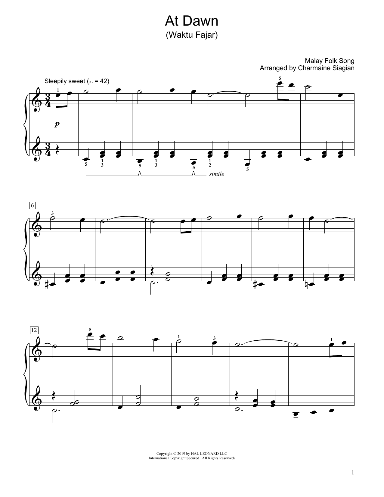 Download Traditional At Dawn (Waktu Fajar) (arr. Charmaine Siagian) Sheet Music and learn how to play Educational Piano PDF digital score in minutes