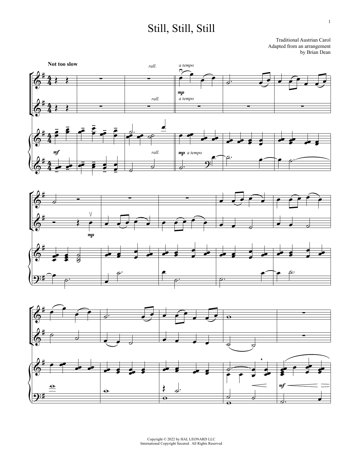 Download Traditional Austrian Text Still, Still, Still (for Violin Duet and Piano) Sheet Music and learn how to play Violin and Piano PDF digital score in minutes