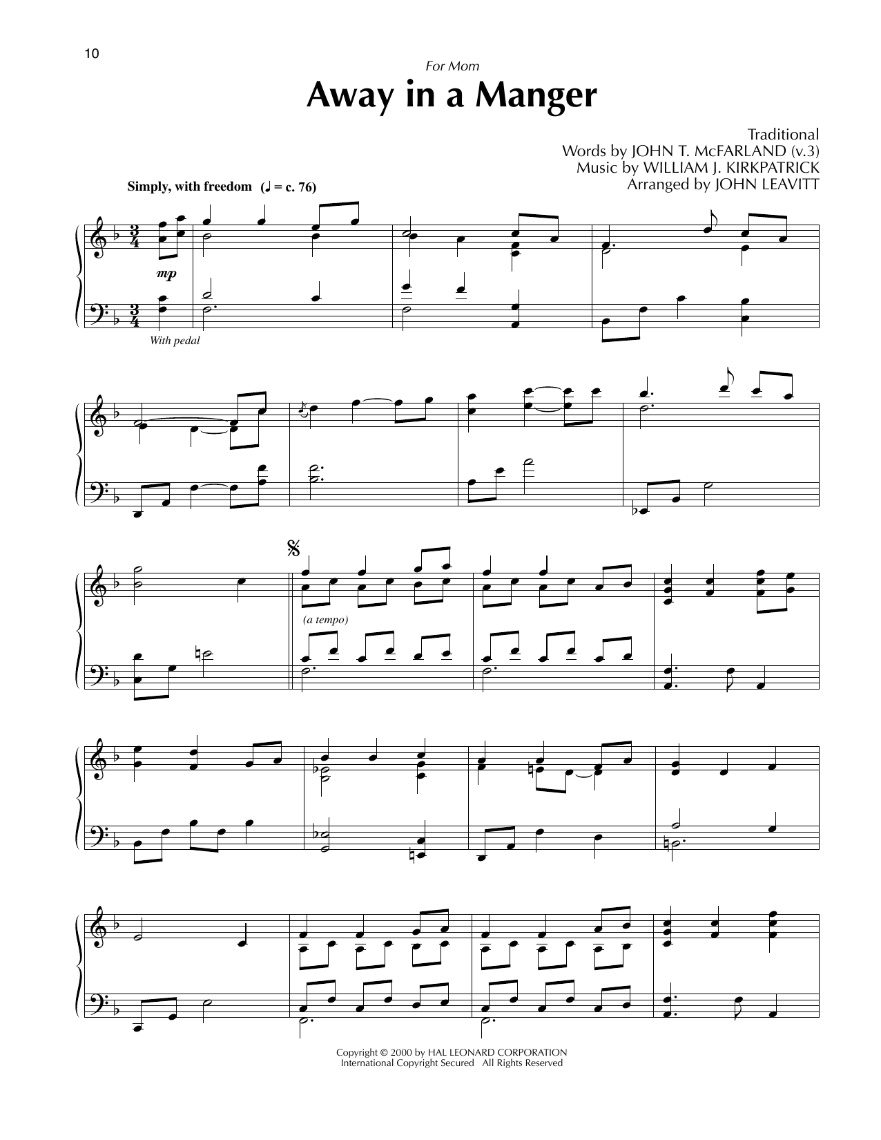 Download Traditional Away In A Manger (arr. John Leavitt) Sheet Music and learn how to play Piano Solo PDF digital score in minutes