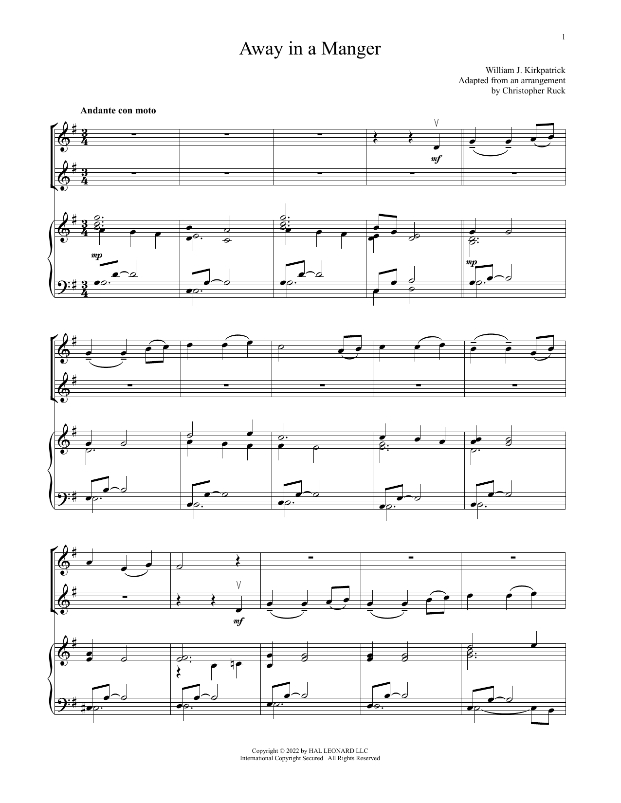 Download Traditional Away In A Manger (for Violin Duet and Piano) Sheet Music and learn how to play Violin and Piano PDF digital score in minutes