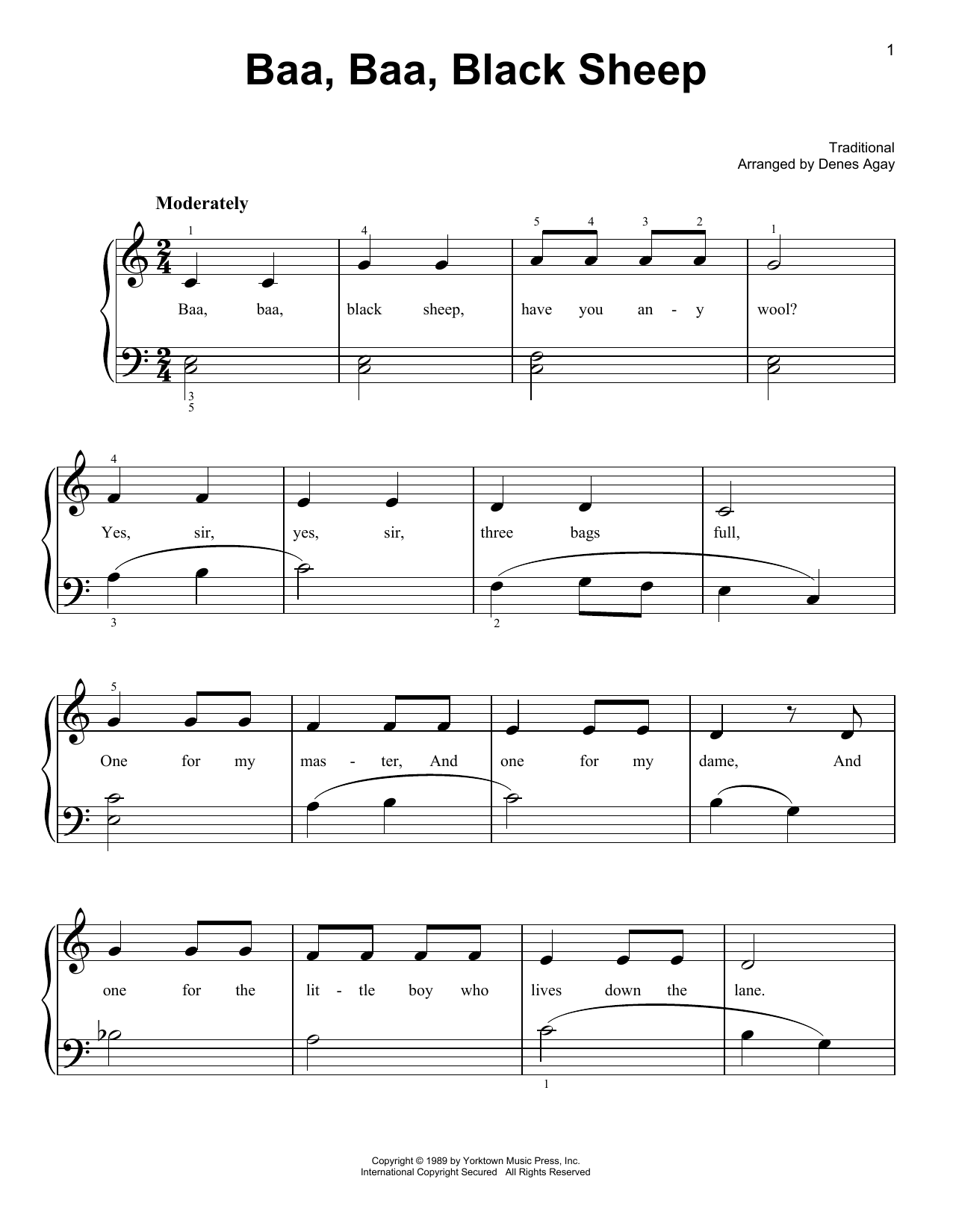 Download Traditional Baa Baa Black Sheep (arr. Denes Agay) Sheet Music and learn how to play Easy Piano PDF digital score in minutes