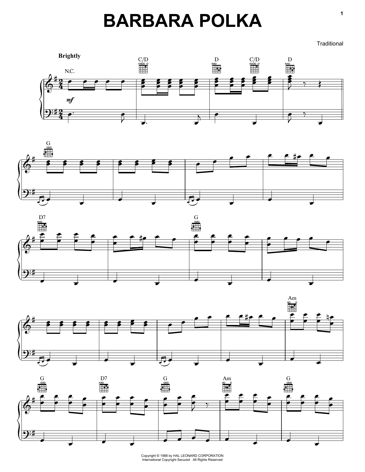 Download Traditional Barbara Polka Sheet Music and learn how to play Piano, Vocal & Guitar (Right-Hand Melody) PDF digital score in minutes