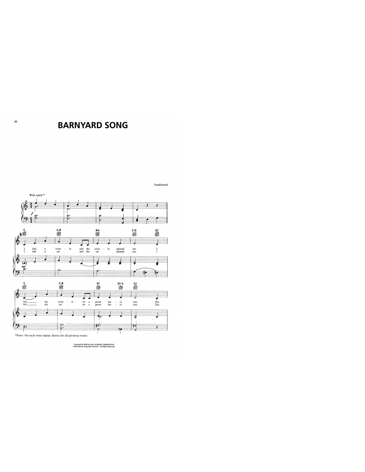 Download Traditional Barnyard Song Sheet Music and learn how to play Piano, Vocal & Guitar Chords (Right-Hand Melody) PDF digital score in minutes