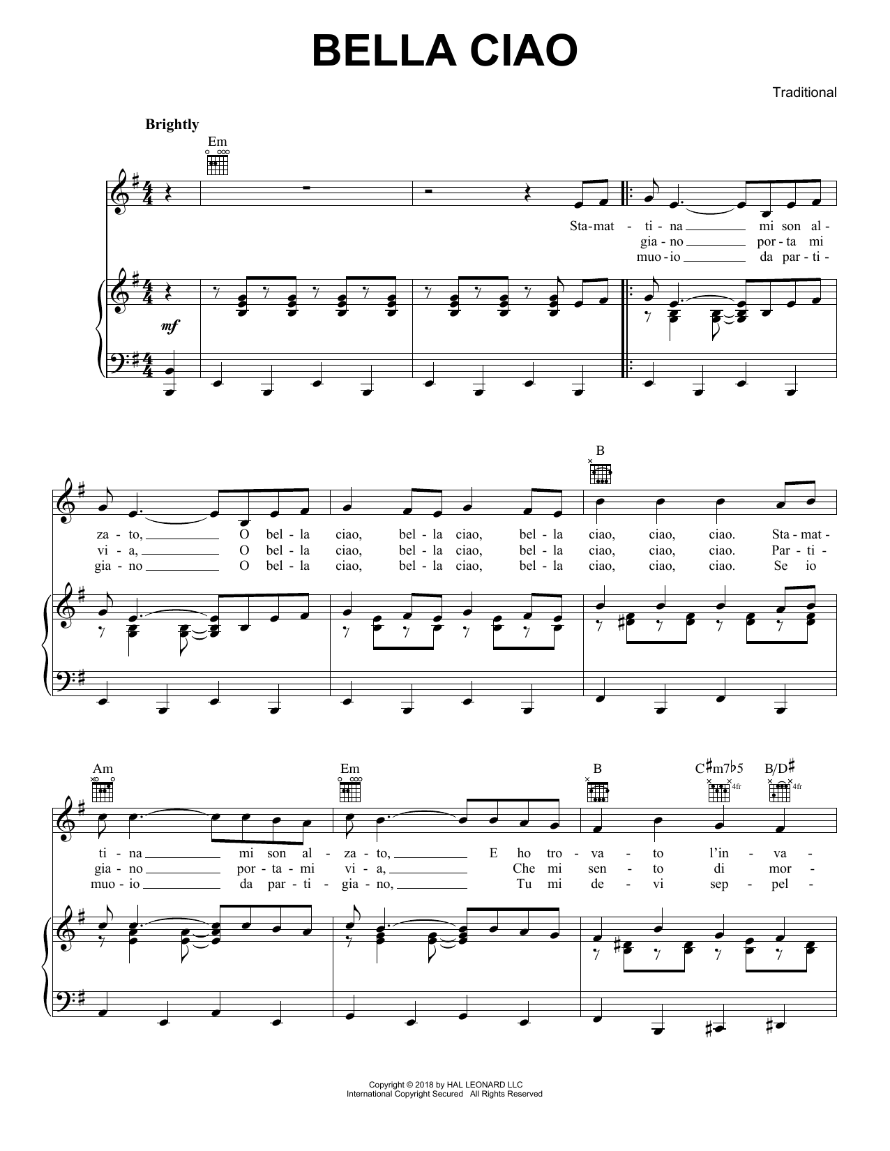 Download Traditional Bella Ciao Sheet Music and learn how to play Piano, Vocal & Guitar Chords (Right-Hand Melody) PDF digital score in minutes
