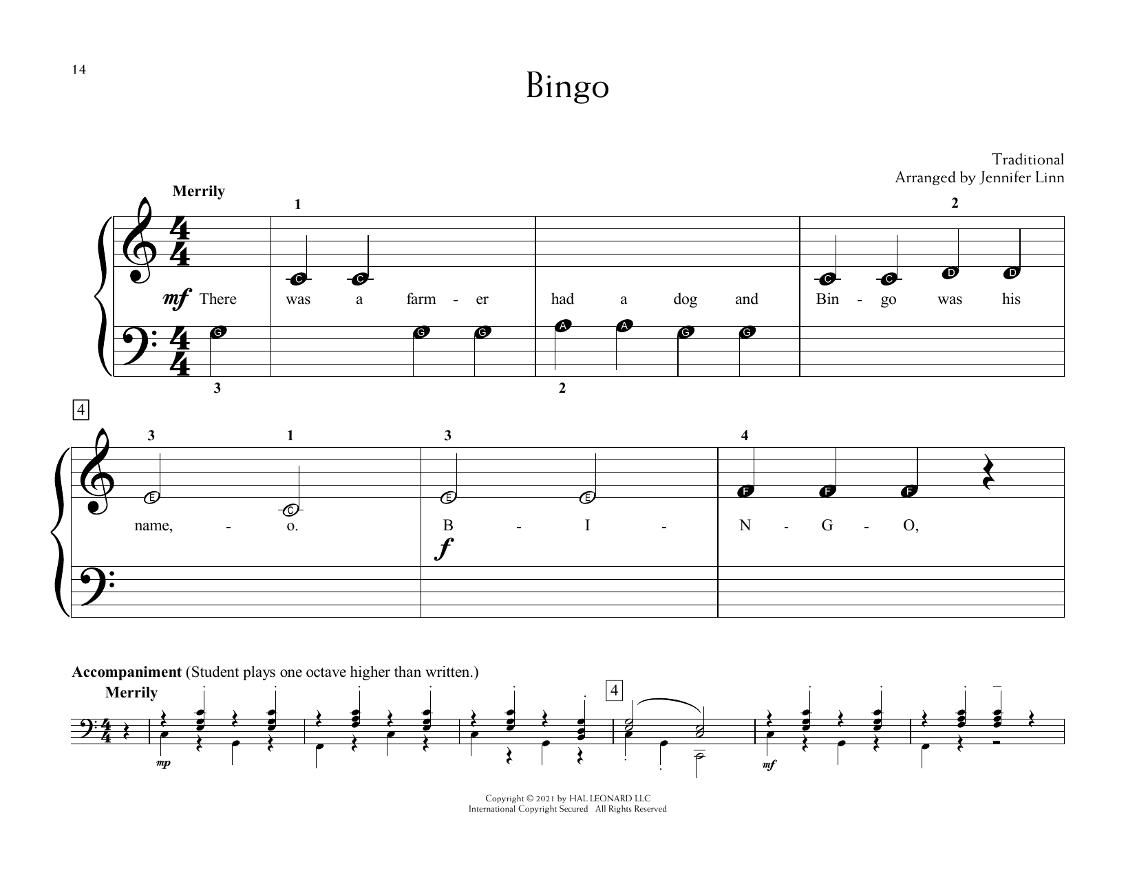Download Traditional Bingo (arr. Jennifer Linn) Sheet Music and learn how to play Educational Piano PDF digital score in minutes