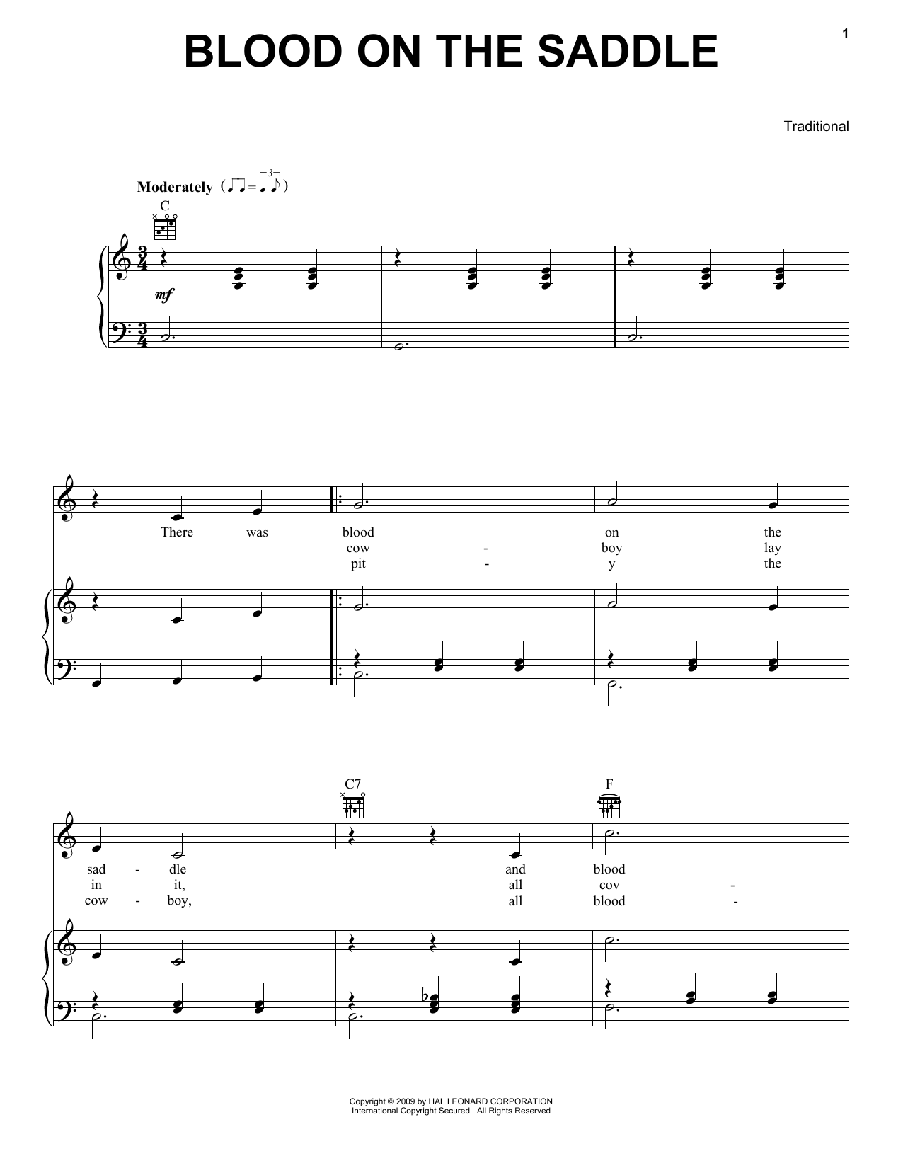 Download Traditional Blood On The Saddle Sheet Music and learn how to play Piano, Vocal & Guitar Chords (Right-Hand Melody) PDF digital score in minutes