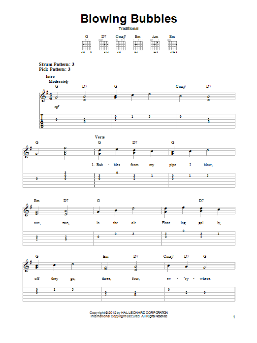 Download Traditional Blowing Bubbles Sheet Music and learn how to play Easy Guitar Tab PDF digital score in minutes