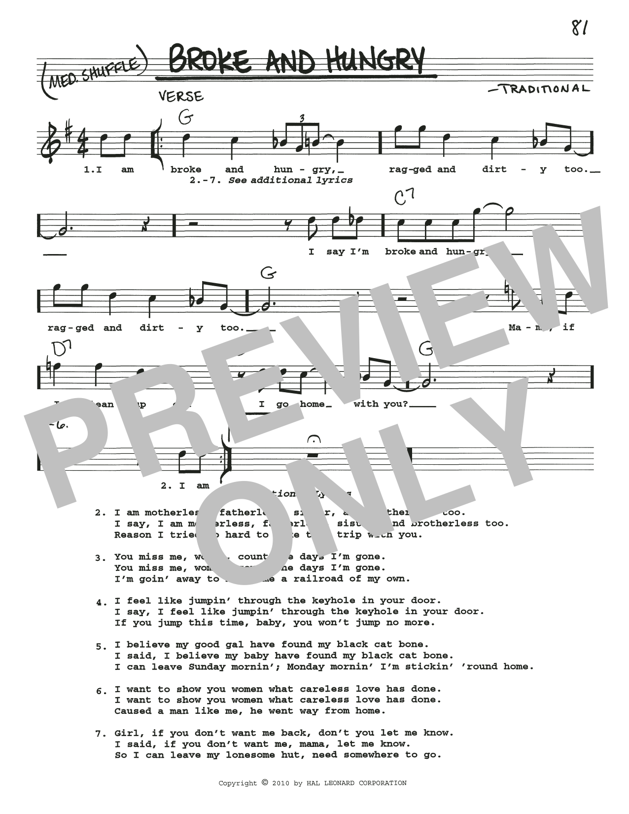 Download Traditional Broke And Hungry Sheet Music and learn how to play Real Book – Melody, Lyrics & Chords PDF digital score in minutes