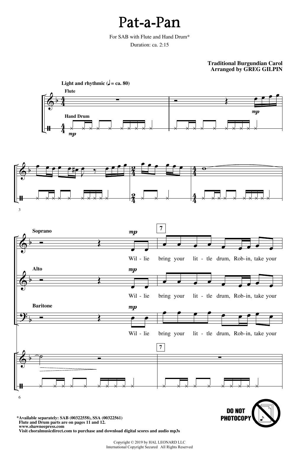 Download Traditional Burgundian Carol Pat-A-Pan (arr. Greg Gilpin) Sheet Music and learn how to play SAB Choir PDF digital score in minutes