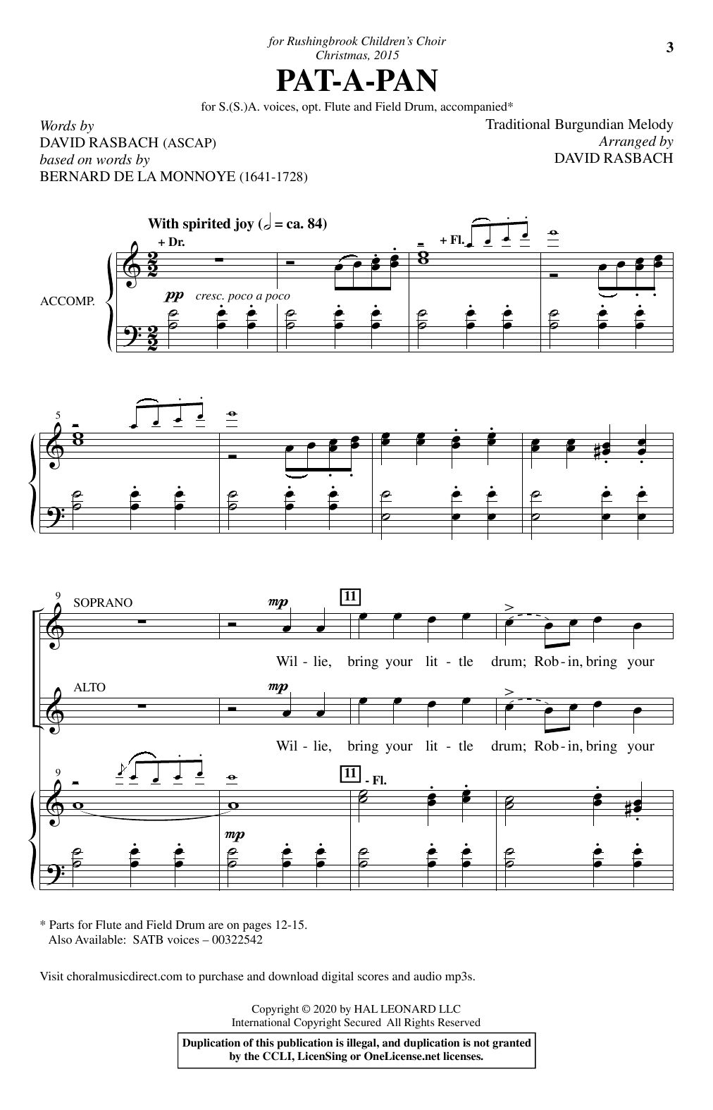 Download Traditional Burgundian Melody Pat-A-Pan (arr. David Rasbach) Sheet Music and learn how to play SSA Choir PDF digital score in minutes