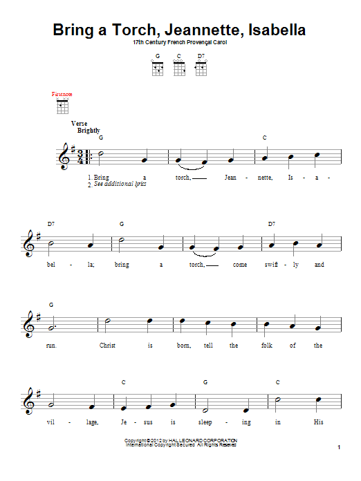 Download Traditional Carol Bring A Torch, Jeannette, Isabella Sheet Music and learn how to play Easy Piano PDF digital score in minutes