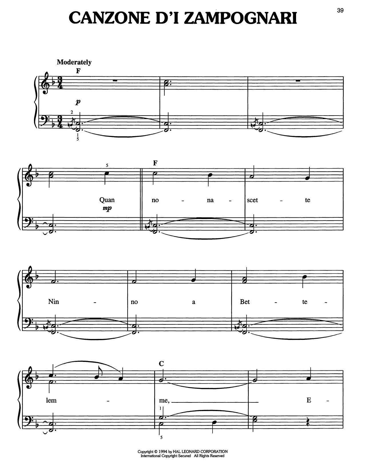 Download Traditional Carol Canzone d'i Zampognari Sheet Music and learn how to play Easy Piano PDF digital score in minutes