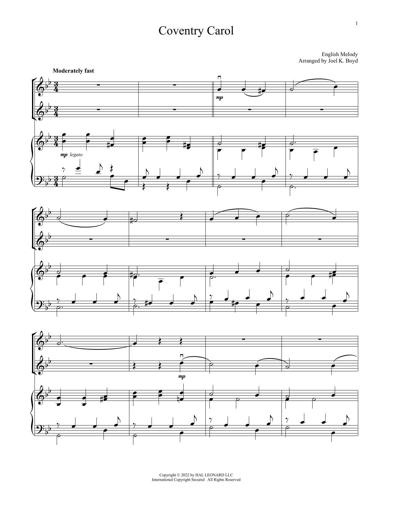 Download Traditional Carol Coventry Carol (for Violin Duet and Piano) Sheet Music and learn how to play Violin and Piano PDF digital score in minutes