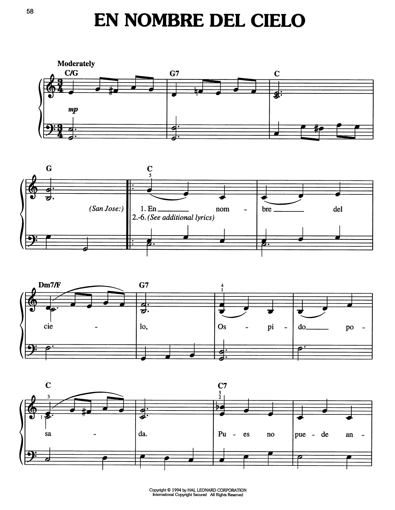 Download Traditional Carol En Nombre del Cielo Sheet Music and learn how to play Easy Piano PDF digital score in minutes
