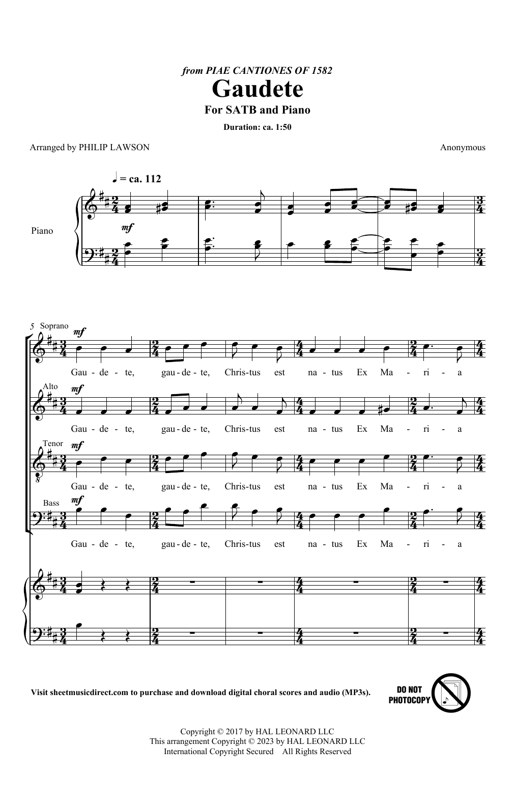 Download Traditional Carol Gaudete (arr. Philip Lawson) Sheet Music and learn how to play SATB Choir PDF digital score in minutes