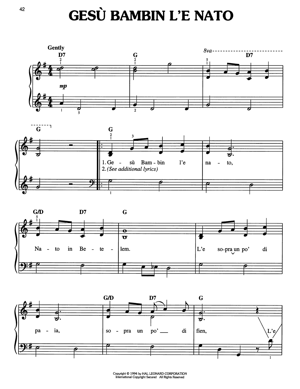 Download Traditional Carol Gesu Bambin L'e Nato Sheet Music and learn how to play Easy Piano PDF digital score in minutes