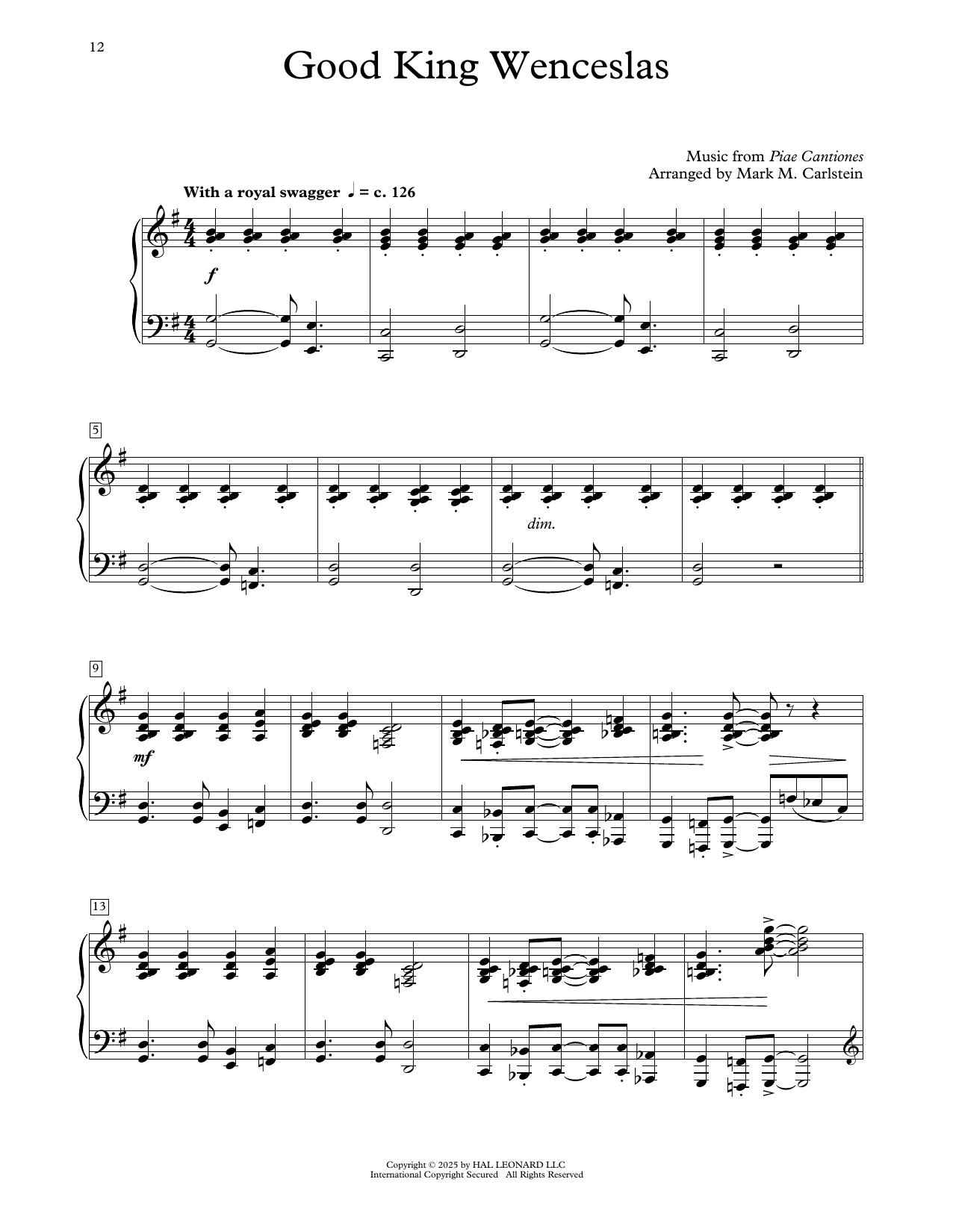 Download Traditional Carol Good King Wenceslas (arr. Mark Carlstein) Sheet Music and learn how to play Educational Piano PDF digital score in minutes