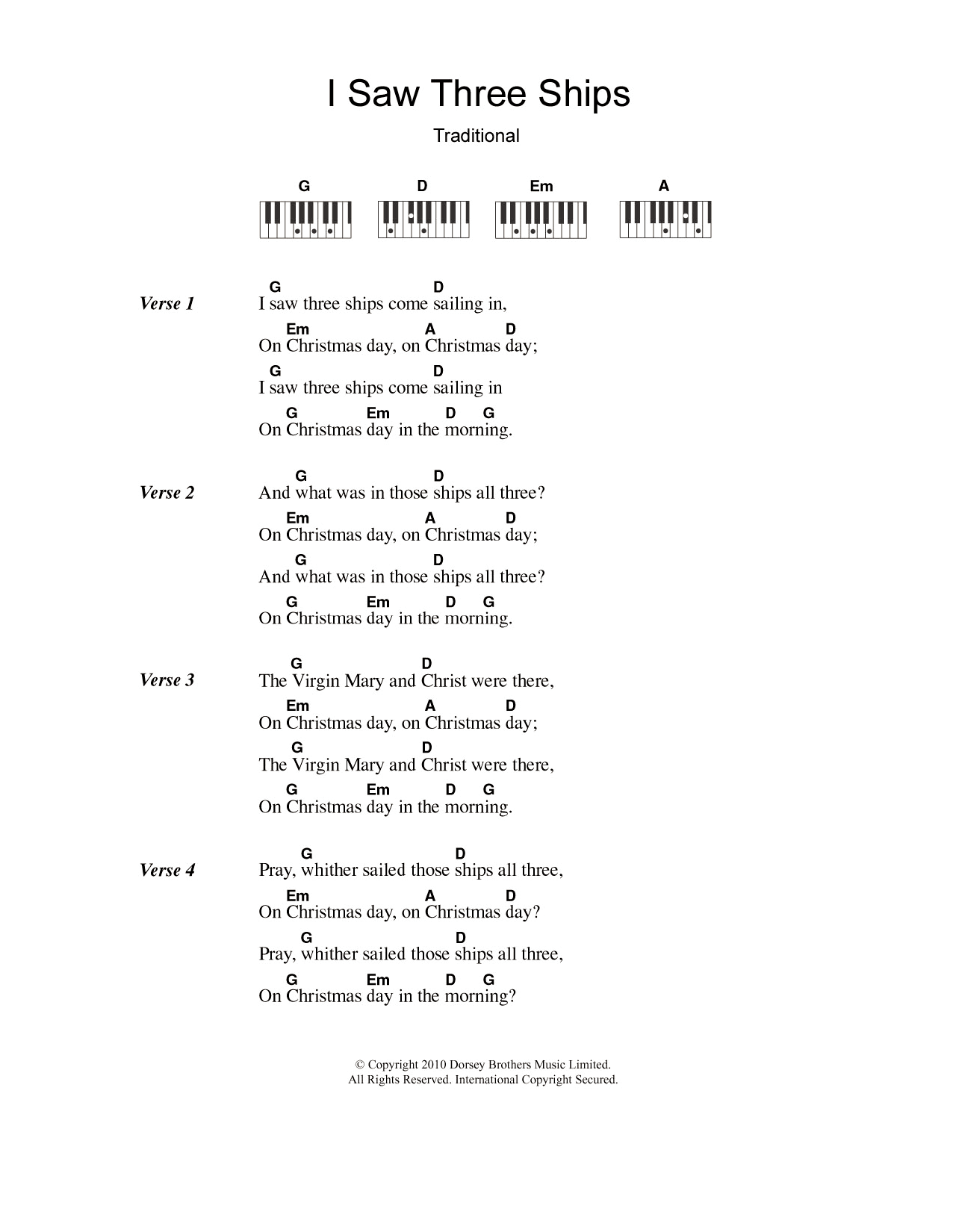 Download Christmas Carol I Saw Three Ships Sheet Music and learn how to play Lyrics & Piano Chords PDF digital score in minutes