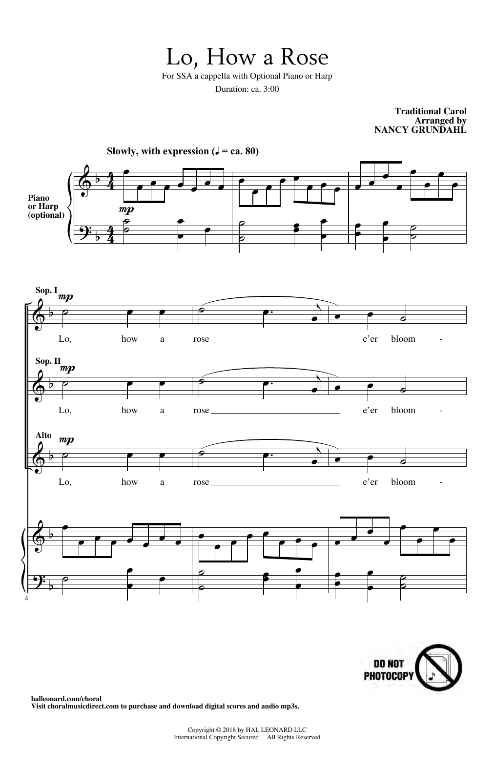 Download Traditional Carol Lo, How A Rose (arr. Nancy Grundahl) Sheet Music and learn how to play SSA Choir PDF digital score in minutes