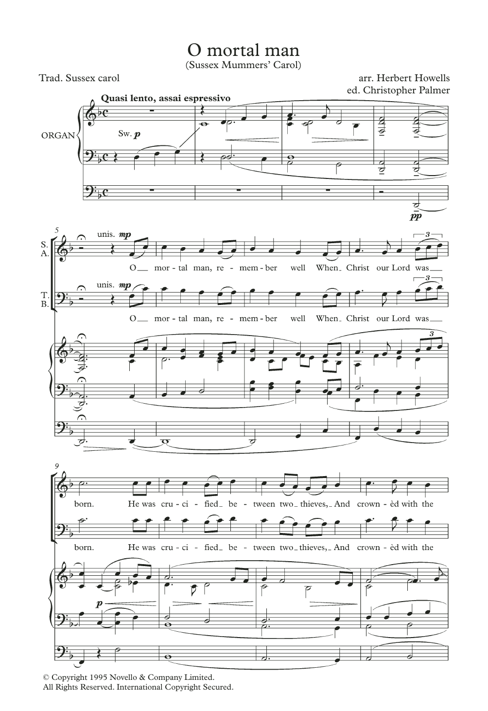 Download Traditional Carol O Mortal Man (Sussex Mummers' Carol) (arr. Herbert Howells) Sheet Music and learn how to play SATB Choir PDF digital score in minutes