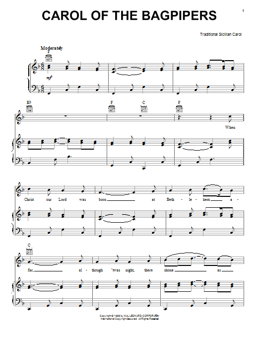 Download Traditional Carol Of The Bagpipers Sheet Music and learn how to play Piano, Vocal & Guitar (Right-Hand Melody) PDF digital score in minutes