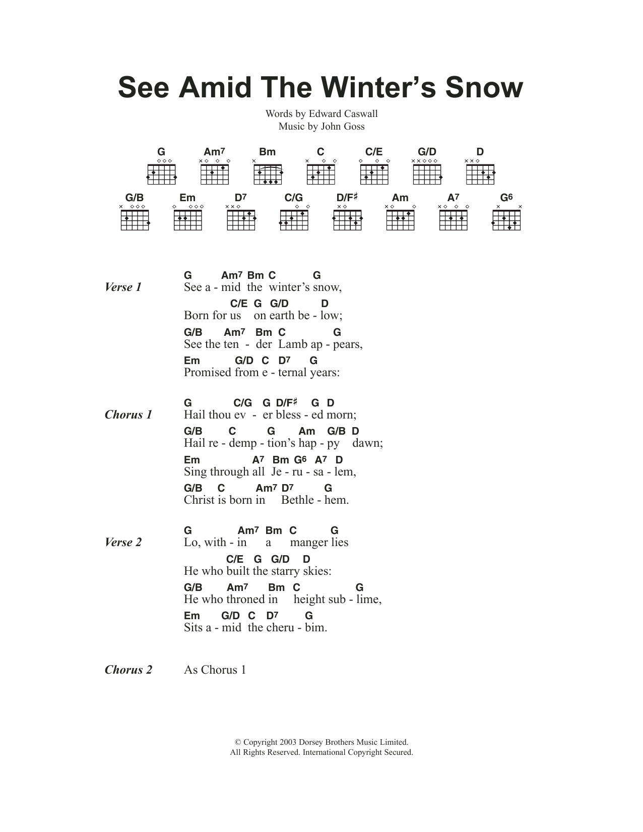 Download Traditional Carol See Amid The Winter's Snow Sheet Music and learn how to play Guitar Chords/Lyrics PDF digital score in minutes