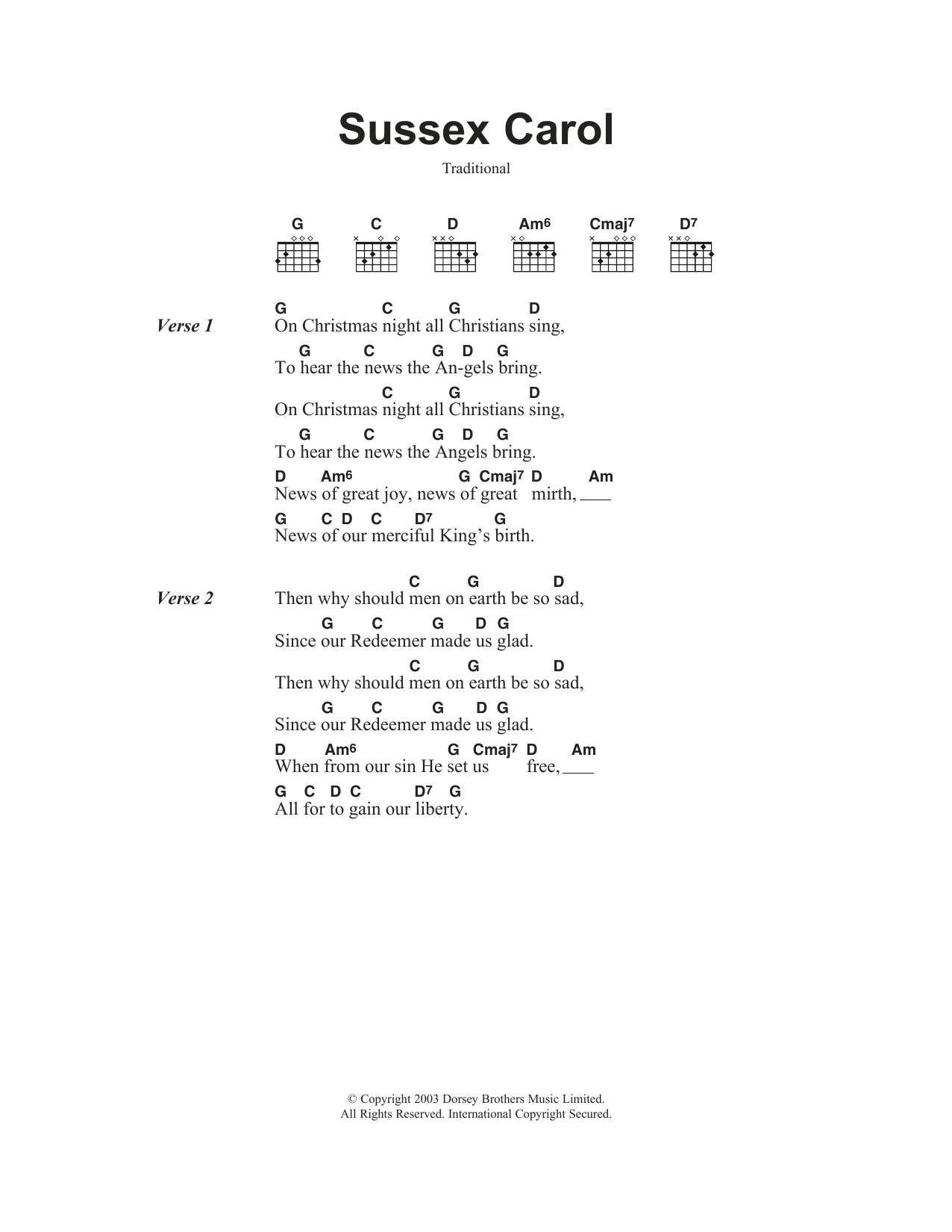 Download Traditional Carol Sussex Carol Sheet Music and learn how to play Guitar Chords/Lyrics PDF digital score in minutes