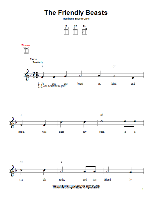 Download Traditional Carol The Friendly Beasts Sheet Music and learn how to play Ukulele PDF digital score in minutes