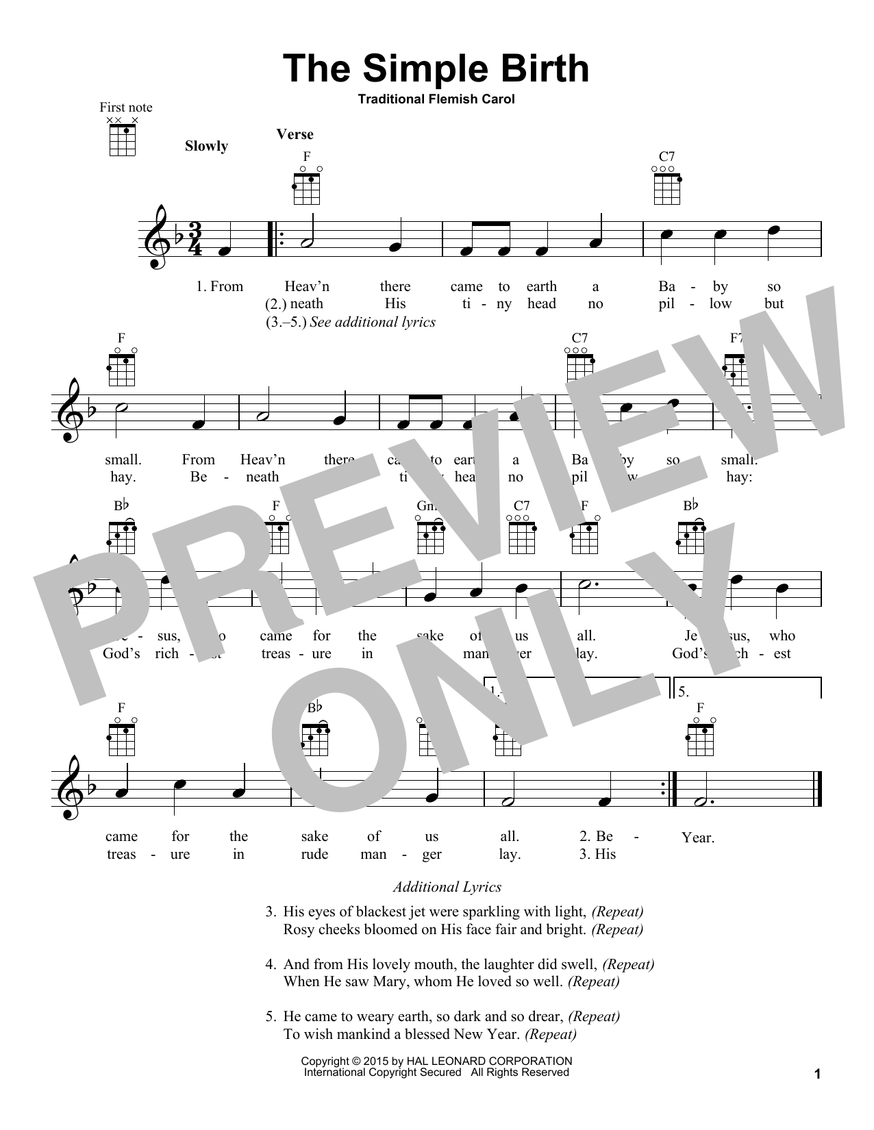 Download Traditional Flemish Carol The Simple Birth Sheet Music and learn how to play Ukulele PDF digital score in minutes