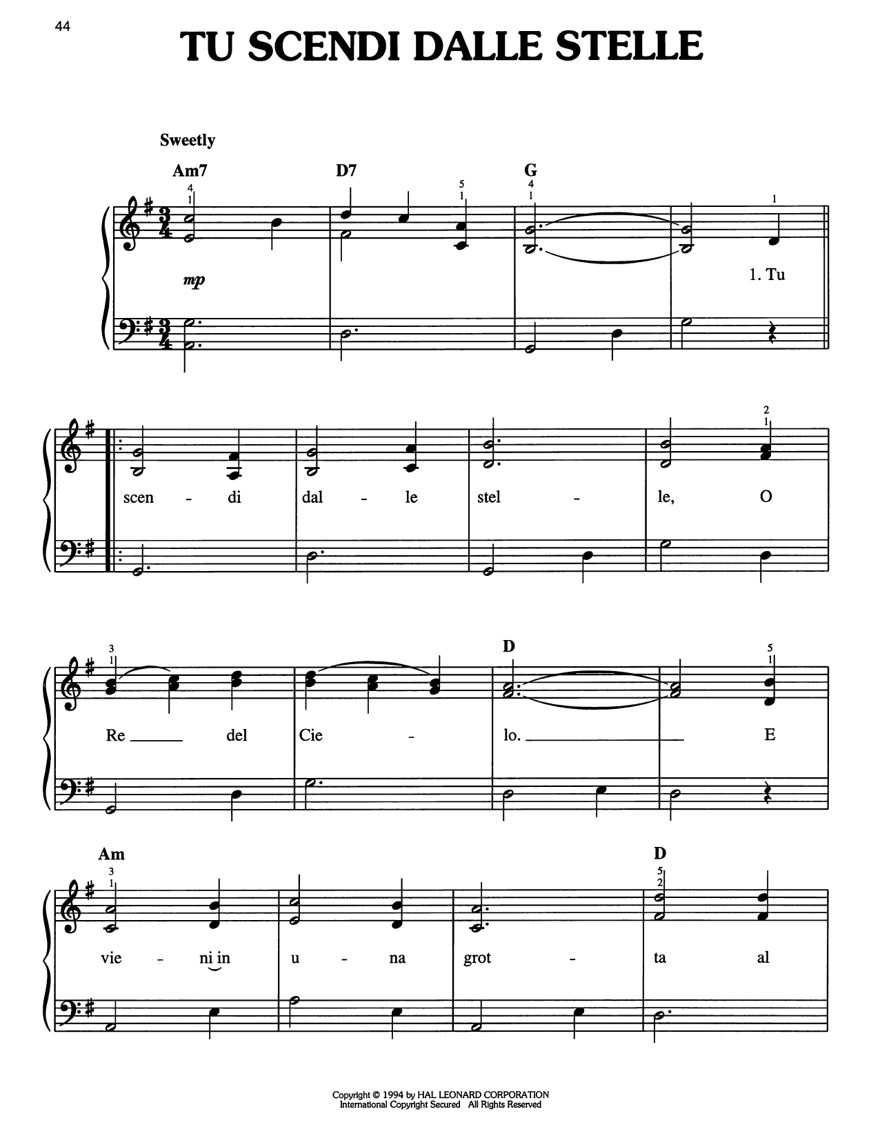 Download Traditional Carol Tu Scendi Dalle Stelle Sheet Music and learn how to play Easy Piano PDF digital score in minutes