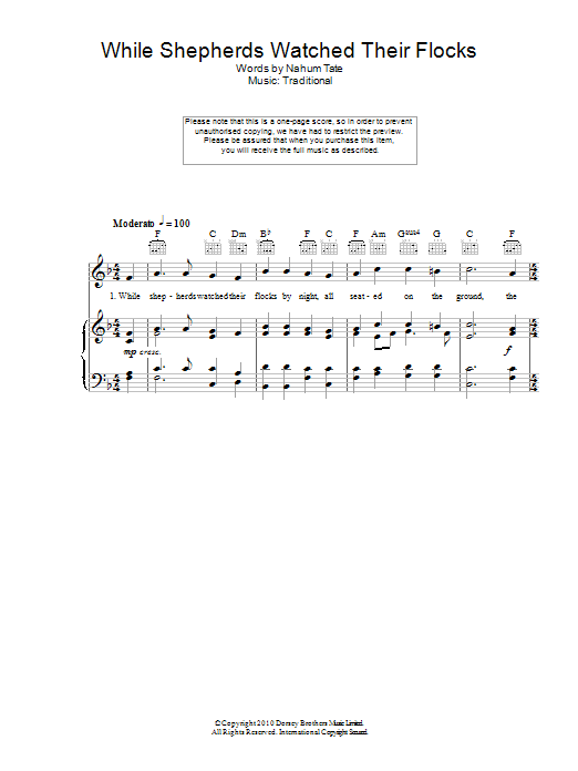 Download Christmas Carol While Shepherds Watched Their Flocks Sheet Music and learn how to play Piano, Vocal & Guitar (Right-Hand Melody) PDF digital score in minutes