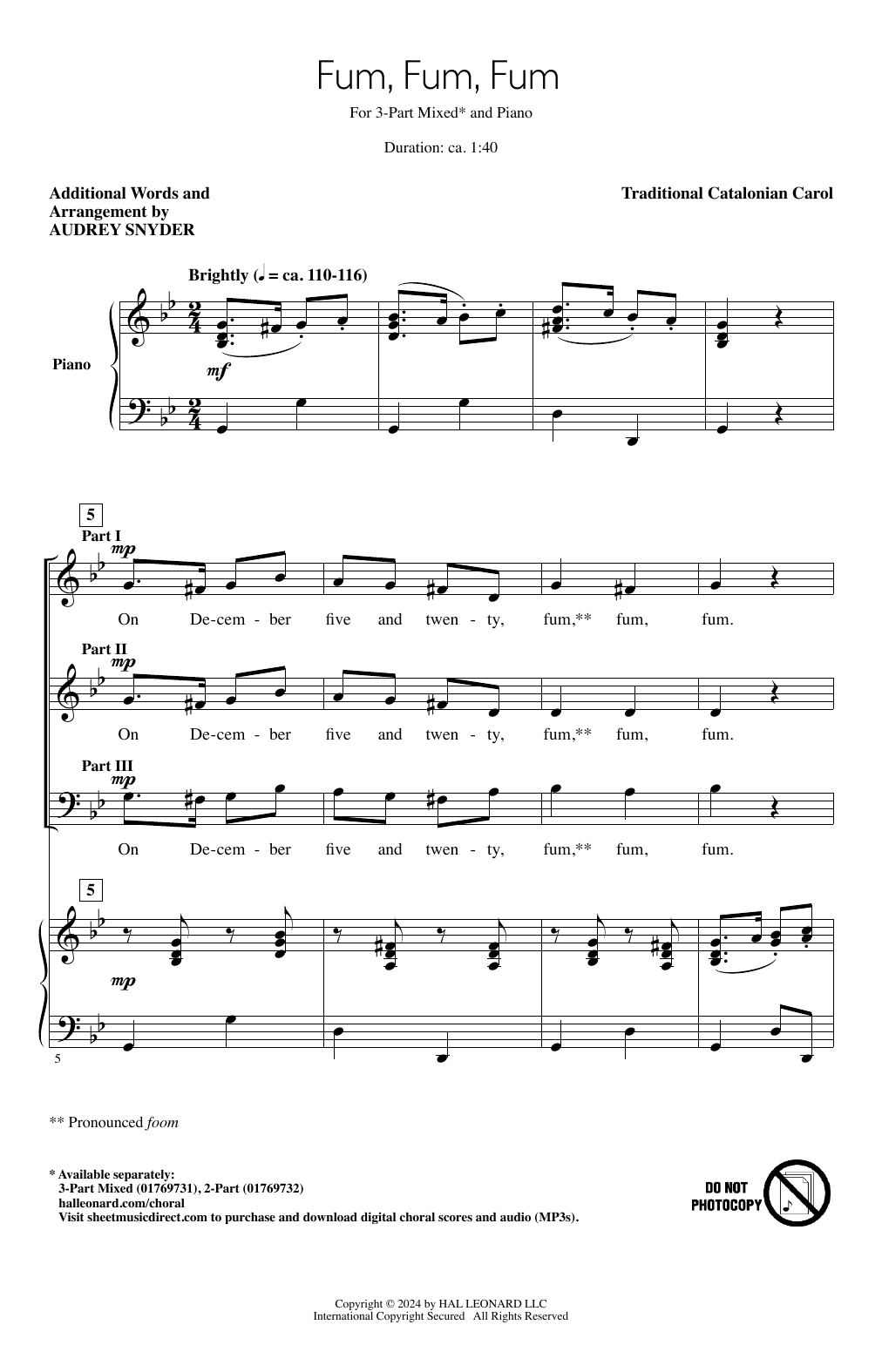 Download Traditional Catalonian Carol Fum, Fum, Fum (arr. Audrey Snyder) Sheet Music and learn how to play 2-Part Choir PDF digital score in minutes