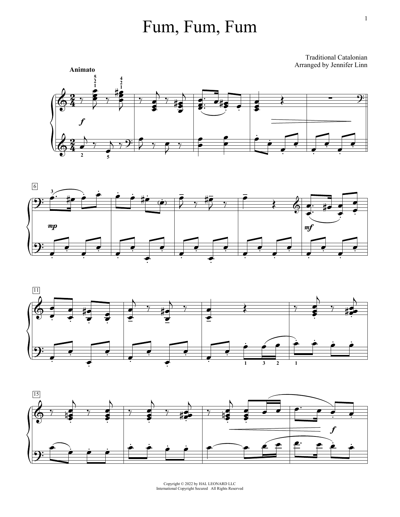 Download Traditional Catalonian Fum, Fum, Fum (arr. Jennifer Linn) Sheet Music and learn how to play Educational Piano PDF digital score in minutes