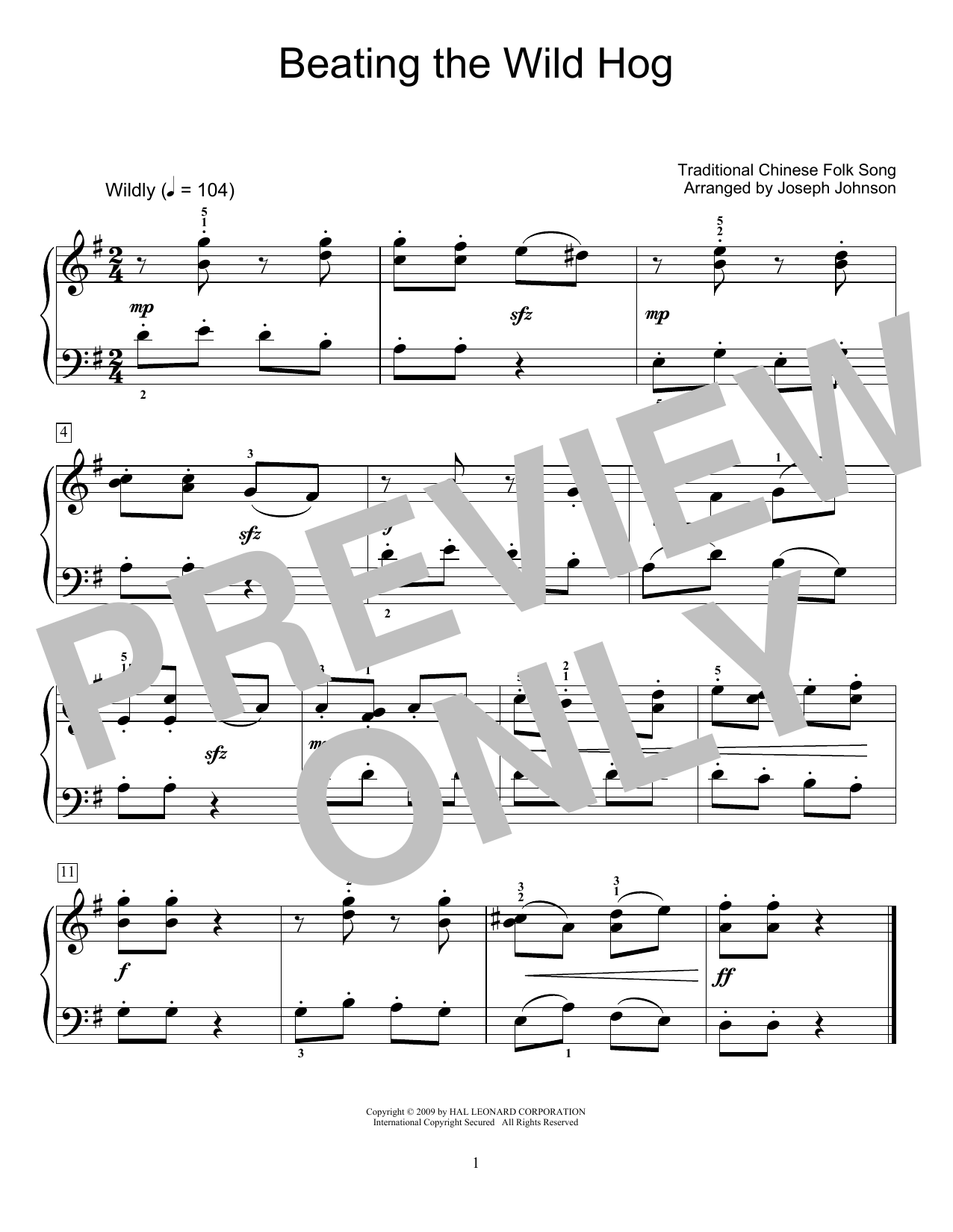 Download Traditional Chinese Folk Song Beating The Wild Hog (arr. Joseph Johnson) Sheet Music and learn how to play Educational Piano PDF digital score in minutes