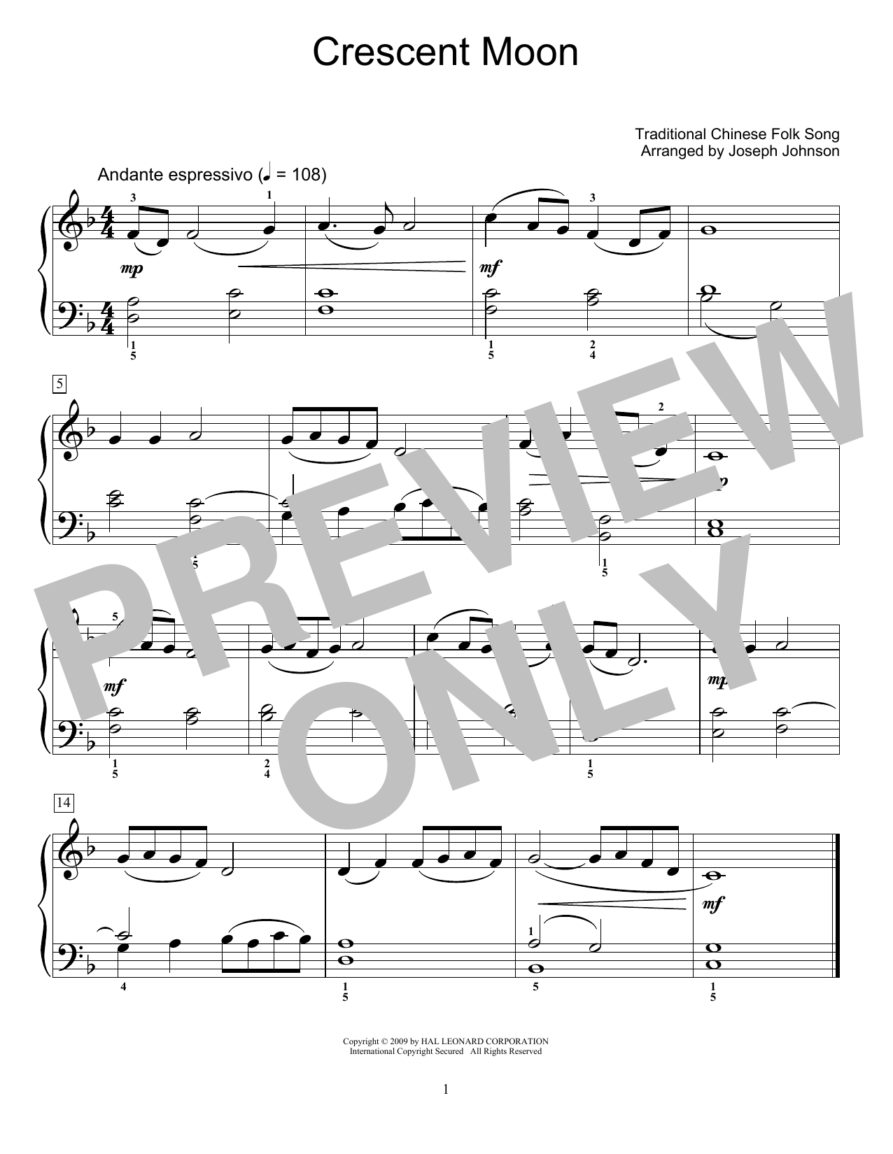 Download Traditional Chinese Folk Song Crescent Moon (arr. Joseph Johnson) Sheet Music and learn how to play Educational Piano PDF digital score in minutes