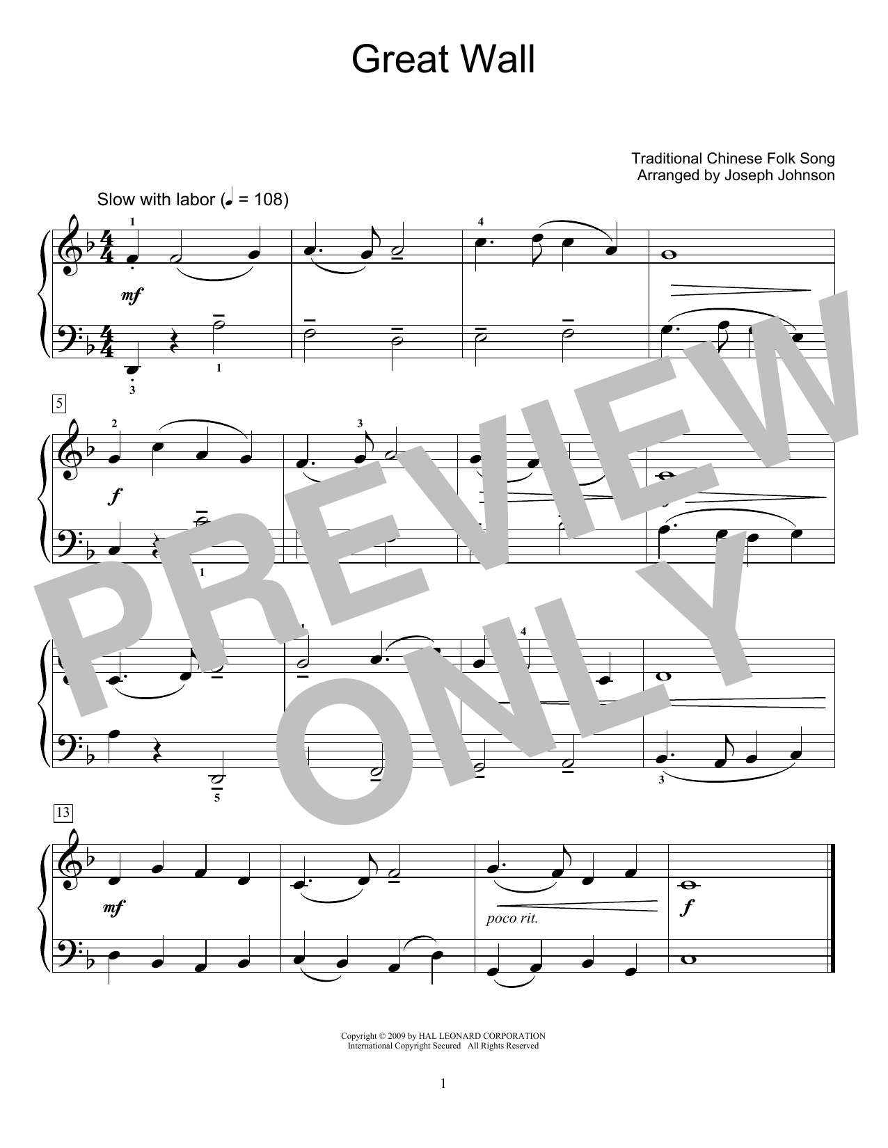 Download Traditional Chinese Folk Song Great Wall (arr. Joseph Johnson) Sheet Music and learn how to play Educational Piano PDF digital score in minutes