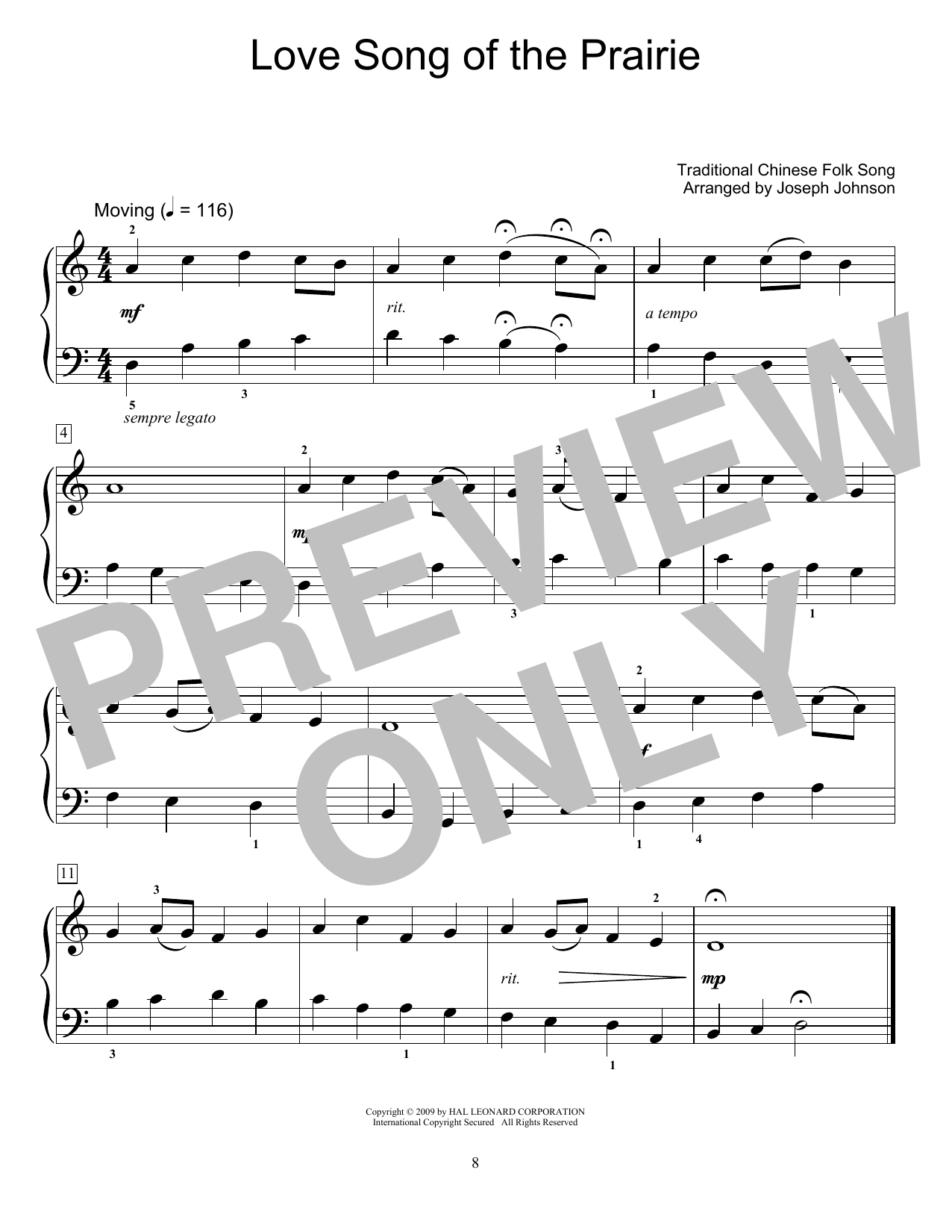 Download Traditional Chinese Folk Song Love Song Of The Prairie (arr. Joseph Johnson) Sheet Music and learn how to play Educational Piano PDF digital score in minutes