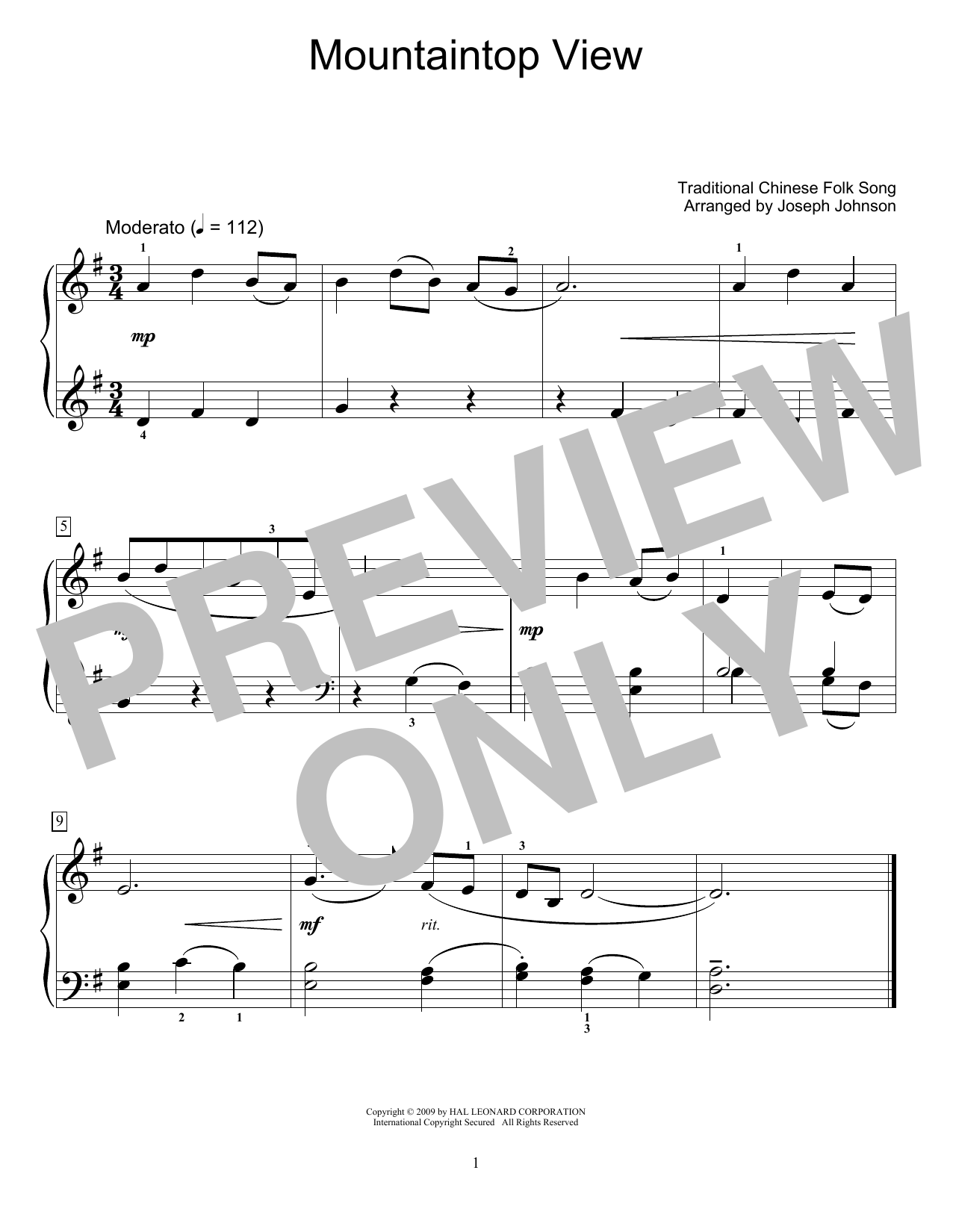 Download Traditional Chinese Folk Song Mountaintop View (arr. Joseph Johnson) Sheet Music and learn how to play Educational Piano PDF digital score in minutes