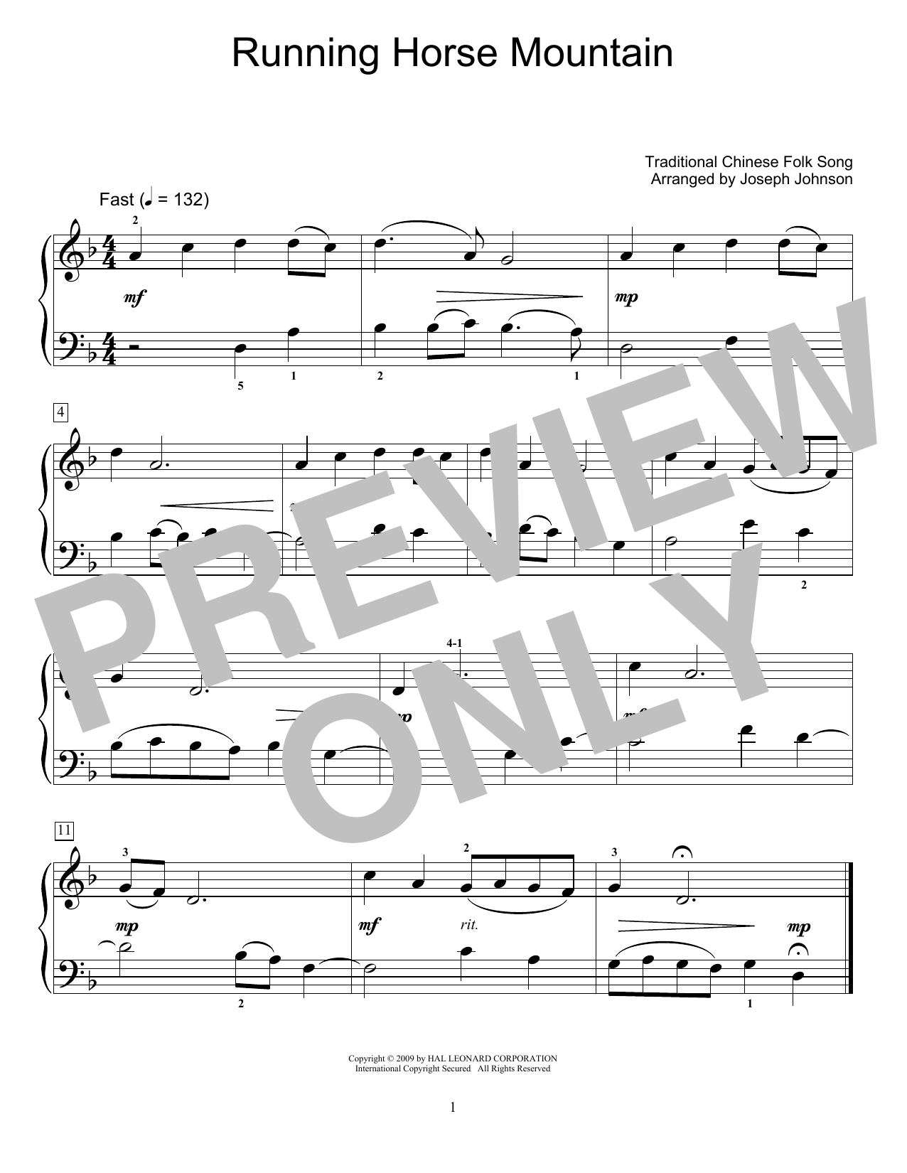 Download Traditional Chinese Folk Song Running Horse Mountain (arr. Joseph Johnson) Sheet Music and learn how to play Educational Piano PDF digital score in minutes