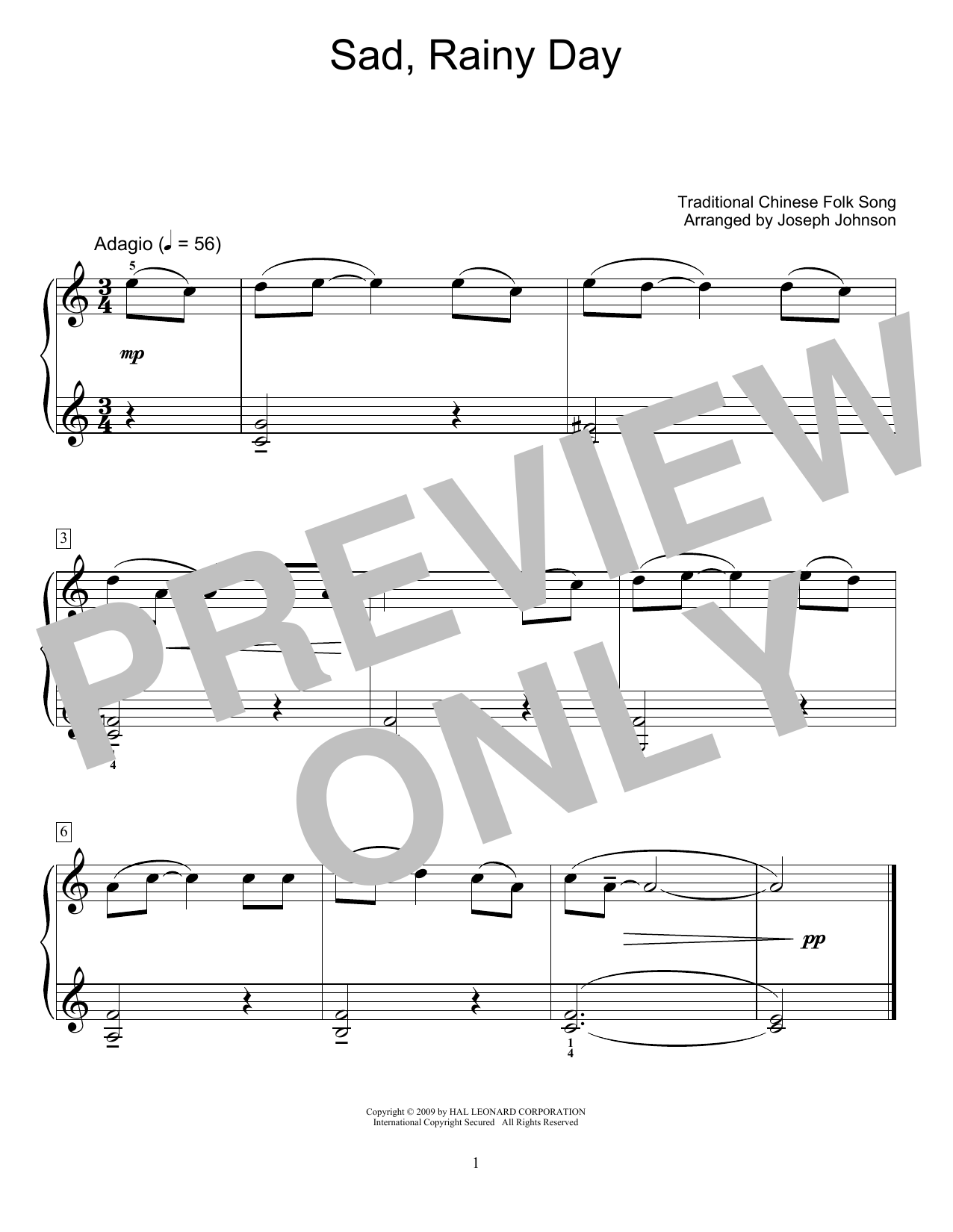Download Traditional Chinese Folk Song Sad, Rainy Day (arr. Joseph Johnson) Sheet Music and learn how to play Educational Piano PDF digital score in minutes
