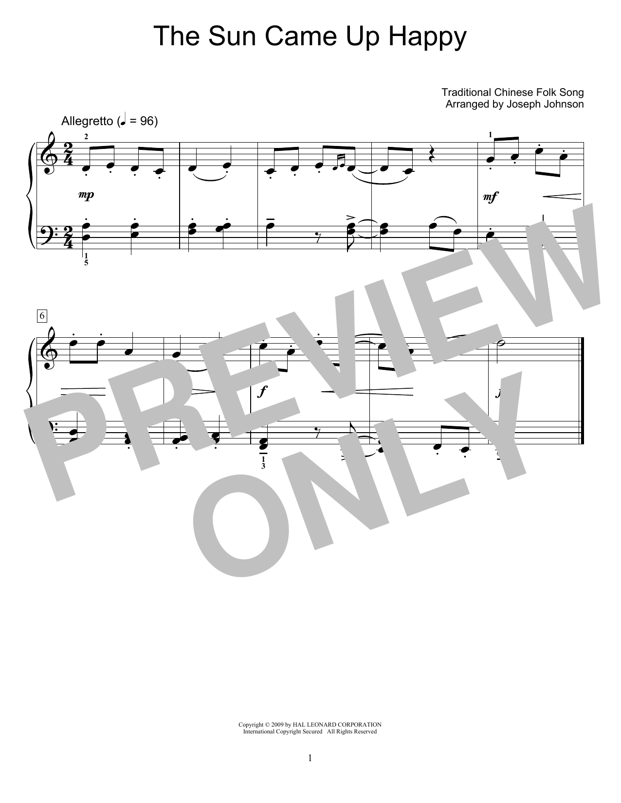 Download Traditional Chinese Folk Song The Sun Came Up Happy (arr. Joseph Johnson) Sheet Music and learn how to play Educational Piano PDF digital score in minutes