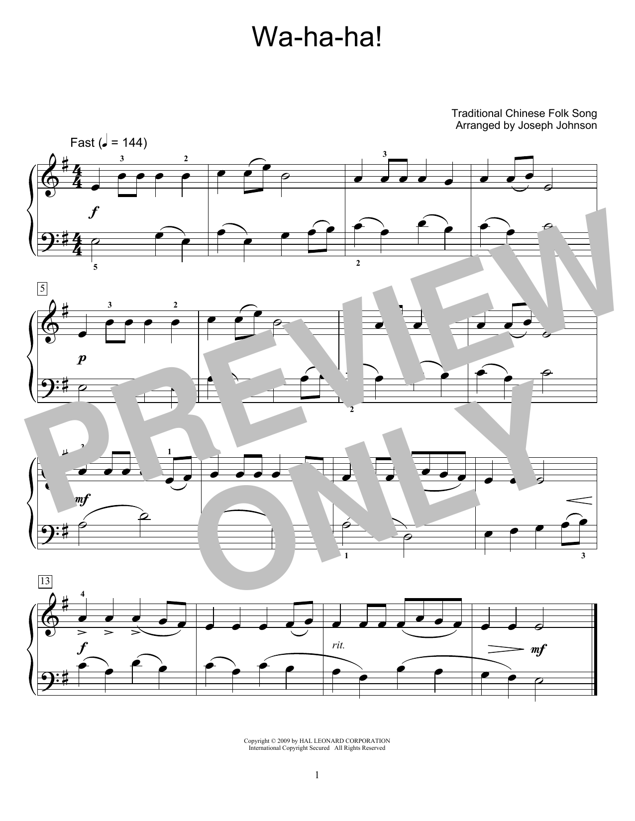 Download Traditional Chinese Folk Song Wa-Ha-Ha (arr. Joseph Johnson) Sheet Music and learn how to play Educational Piano PDF digital score in minutes