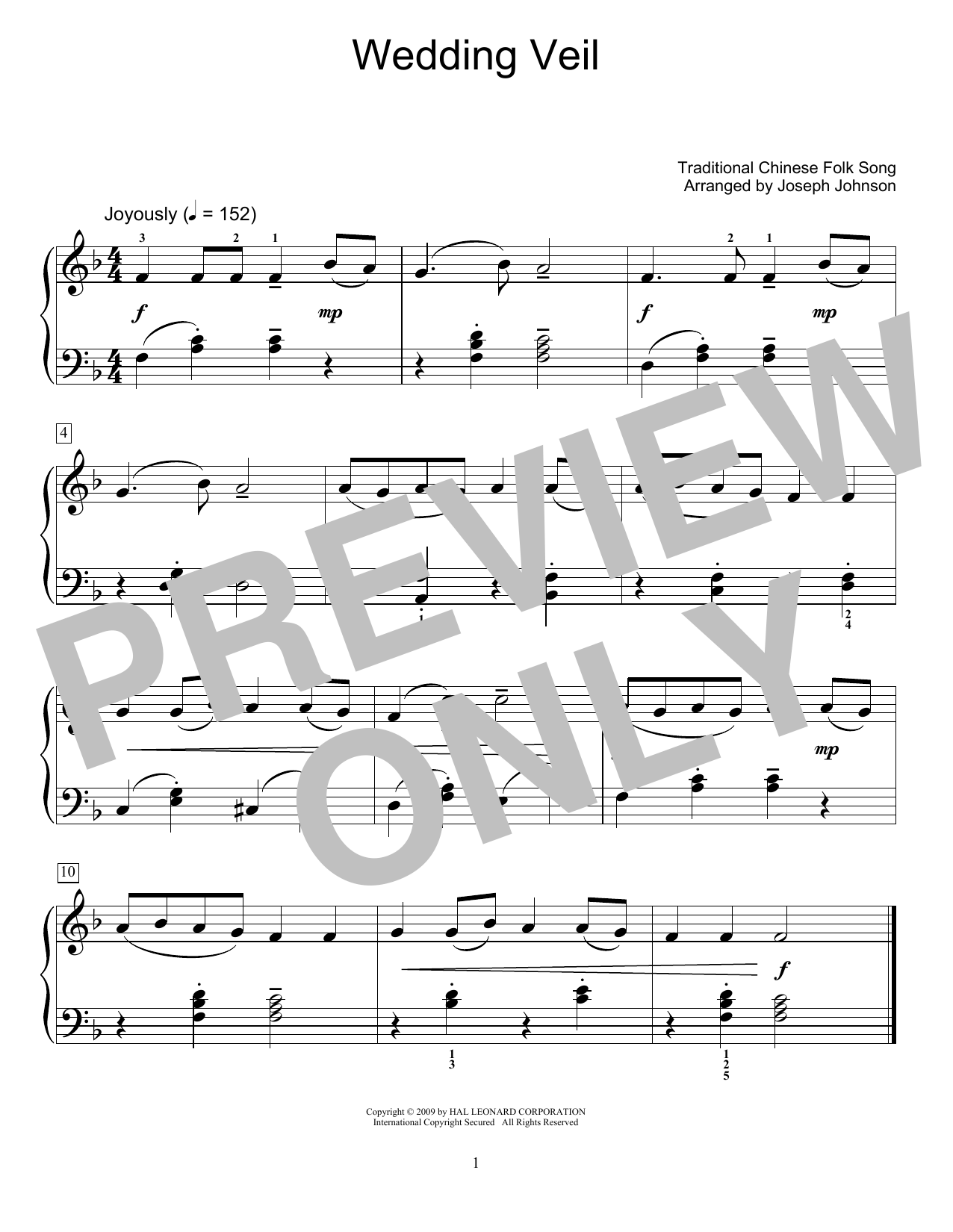 Download Traditional Chinese Folk Song Wedding Veil (arr. Joseph Johnson) Sheet Music and learn how to play Educational Piano PDF digital score in minutes